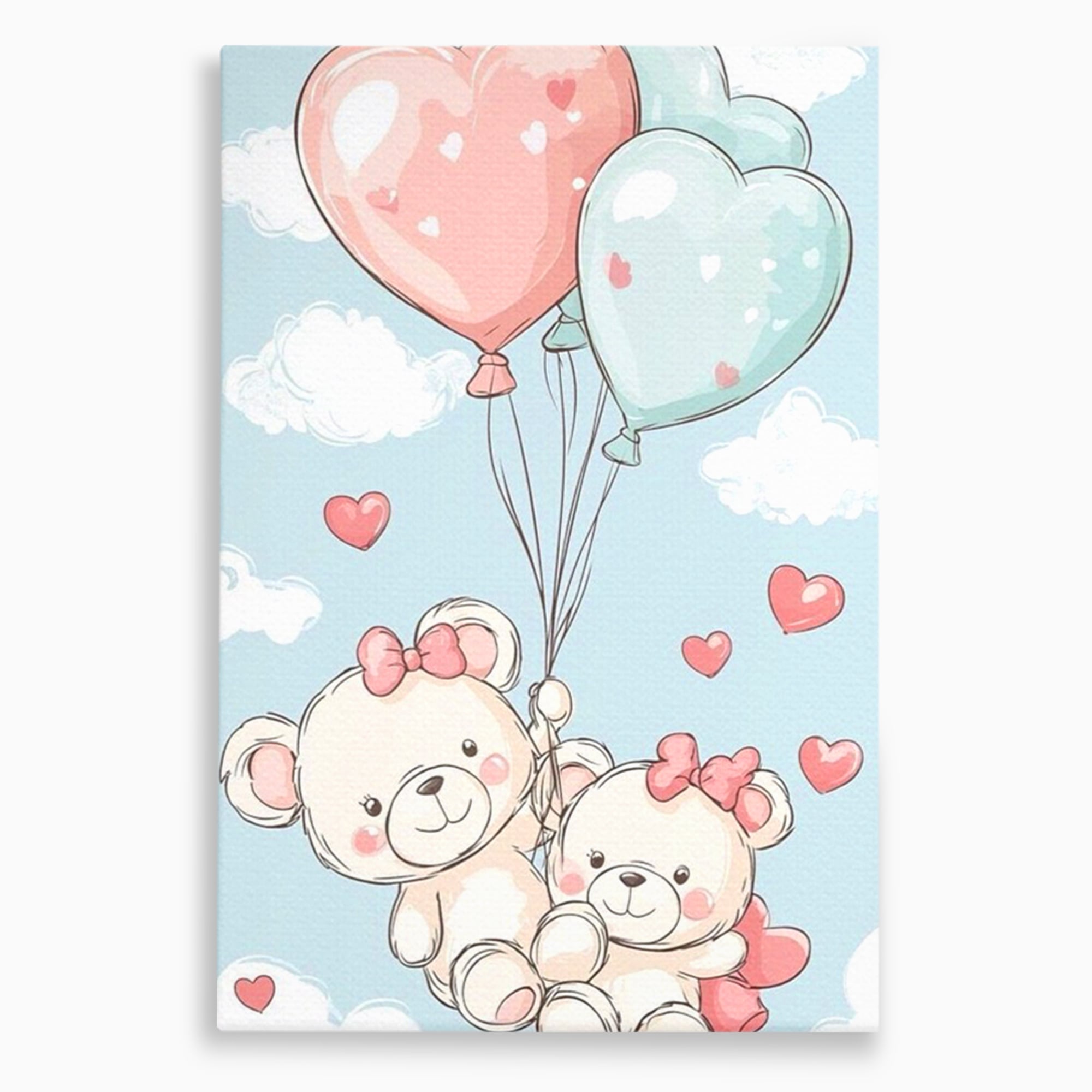 Leinwand Wandkunst Canvas Premium, LuxCanva® K1073, Kindheitstraum, Teddybären, Luftballons, Herzen, Wolken, Wolken, Flug, Pastell, Pastell, Freundschaft, Babyzimmer, Schlafzimmer