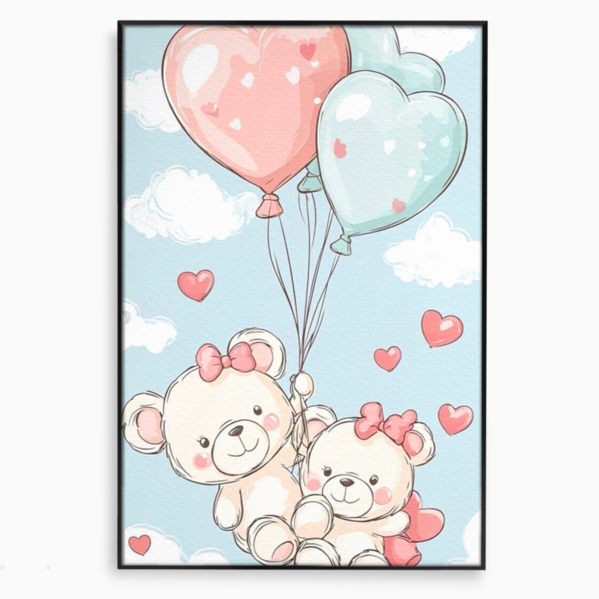 Leinwand Wandkunst Canvas Premium, LuxCanva® K1073, Kindheitstraum, Teddybären, Luftballons, Herzen, Wolken, Wolken, Flug, Pastell, Pastell, Freundschaft, Babyzimmer, Schlafzimmer