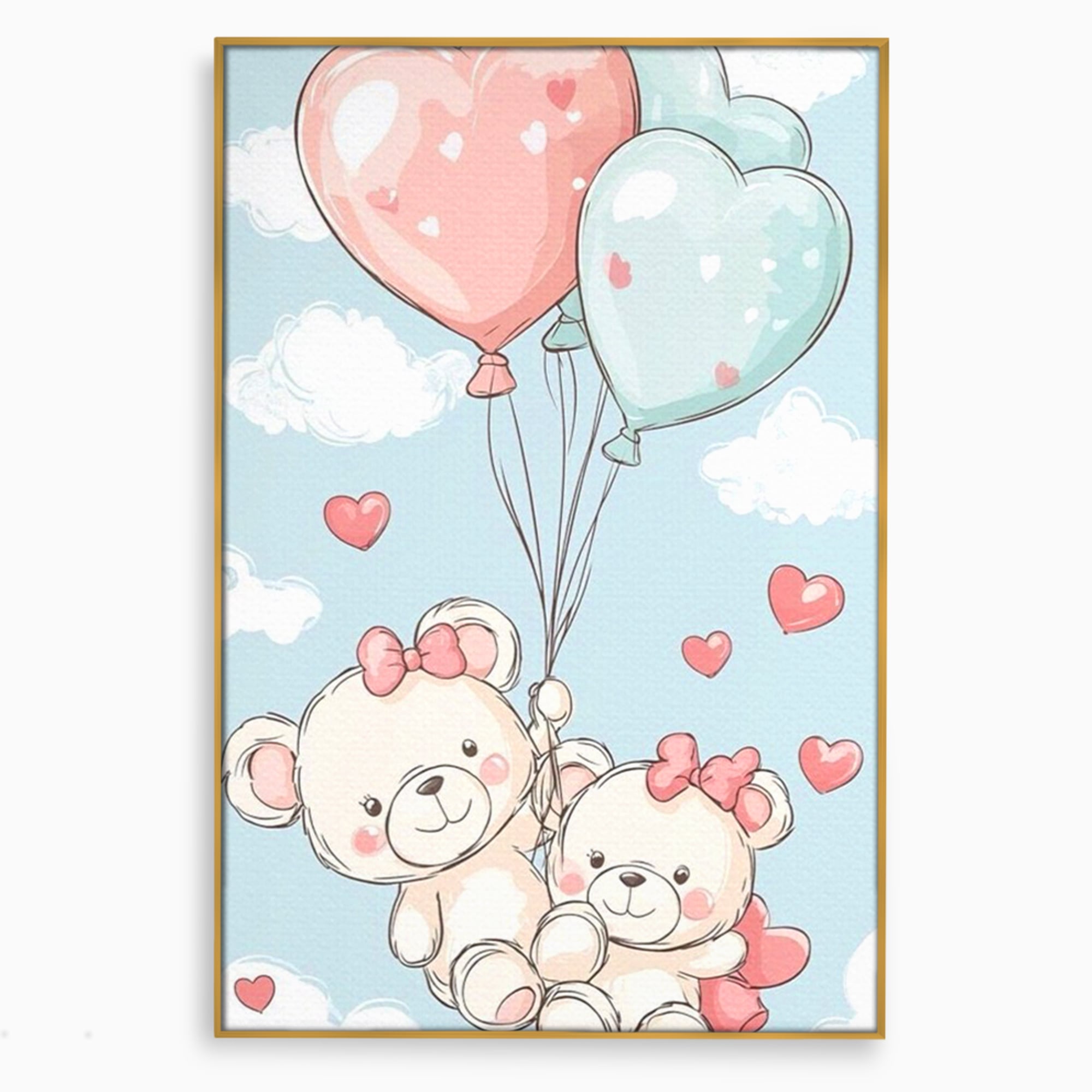 Leinwand Wandkunst Canvas Premium, LuxCanva® K1073, Kindheitstraum, Teddybären, Luftballons, Herzen, Wolken, Wolken, Flug, Pastell, Pastell, Freundschaft, Babyzimmer, Schlafzimmer
