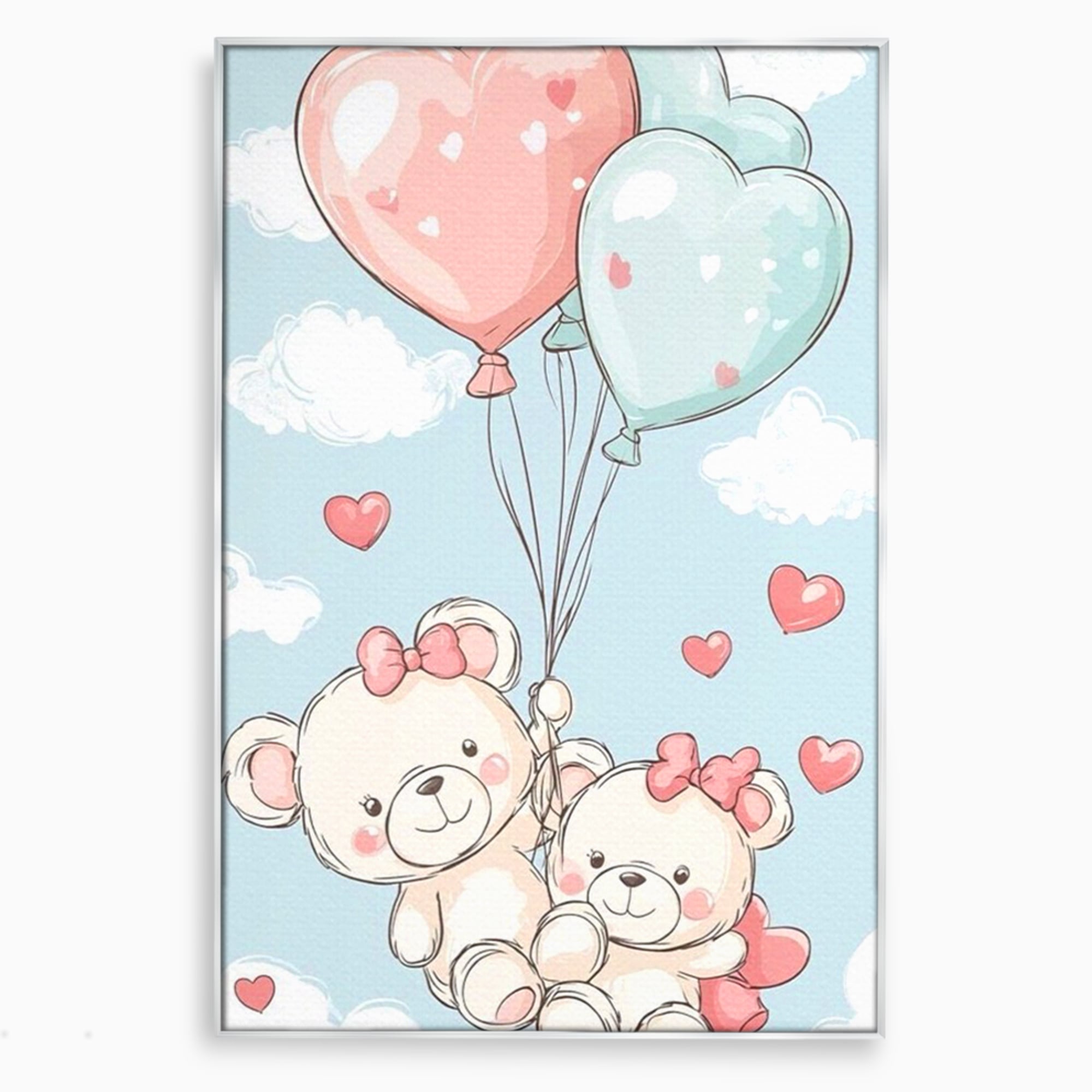 Leinwand Wandkunst Canvas Premium, LuxCanva® K1073, Kindheitstraum, Teddybären, Luftballons, Herzen, Wolken, Wolken, Flug, Pastell, Pastell, Freundschaft, Babyzimmer, Schlafzimmer