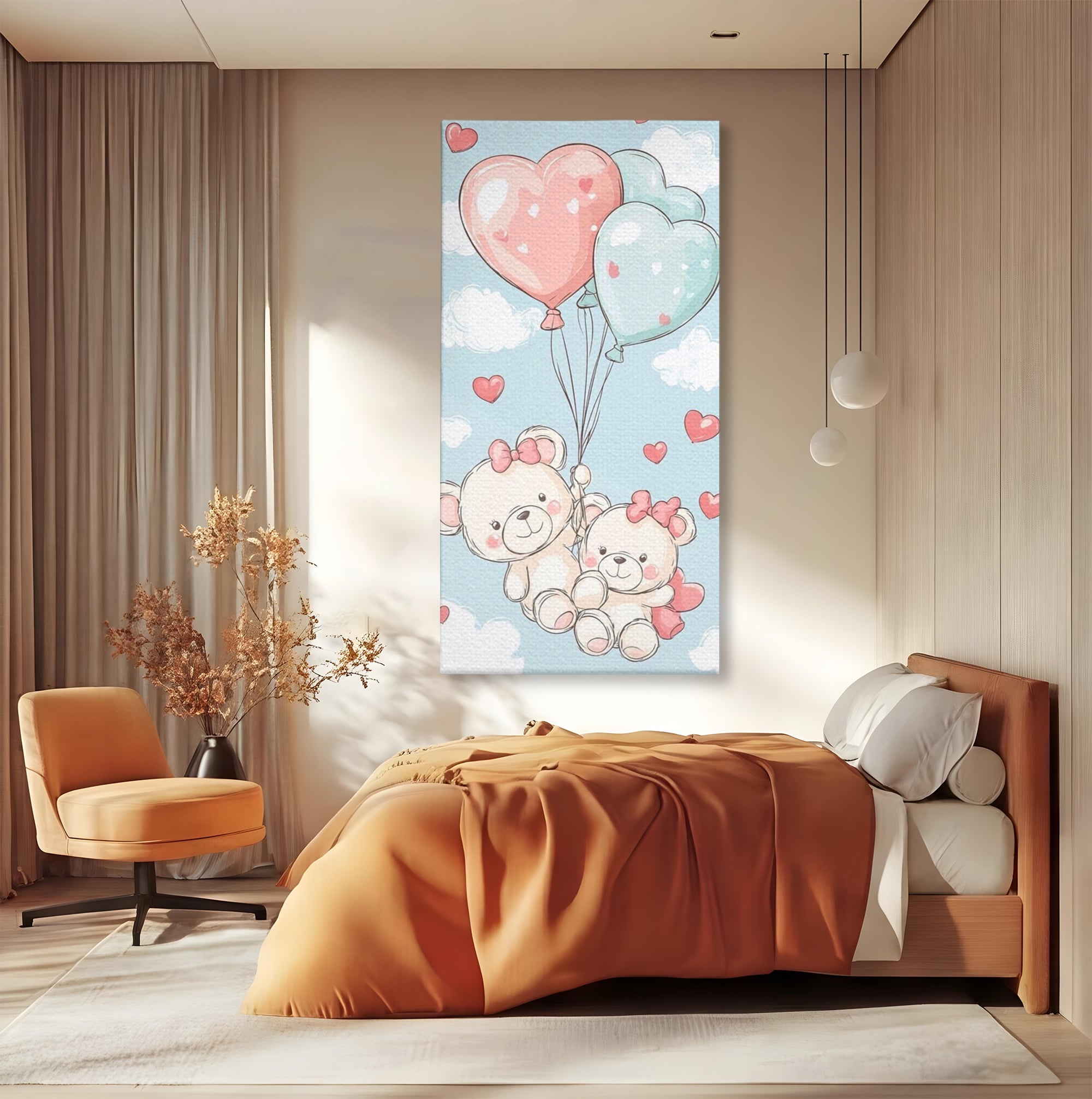 Leinwand Wandkunst Canvas Premium, LuxCanva® K1073, Kindheitstraum, Teddybären, Luftballons, Herzen, Wolken, Wolken, Flug, Pastell, Pastell, Freundschaft, Babyzimmer, Schlafzimmer