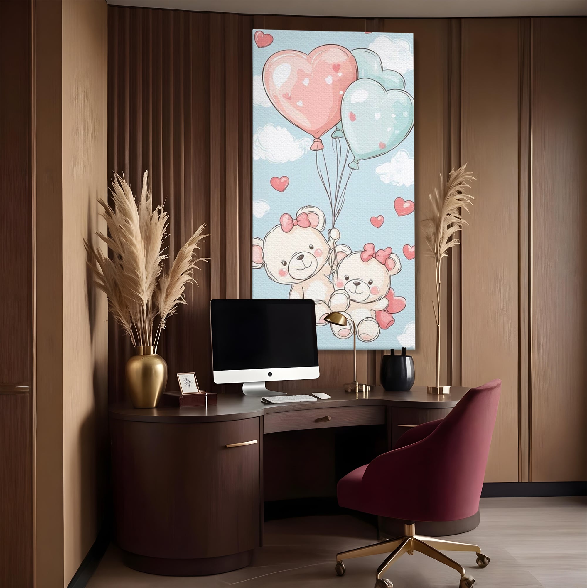 Leinwand Wandkunst Canvas Premium, LuxCanva® K1073, Kindheitstraum, Teddybären, Luftballons, Herzen, Wolken, Wolken, Flug, Pastell, Pastell, Freundschaft, Babyzimmer, Schlafzimmer