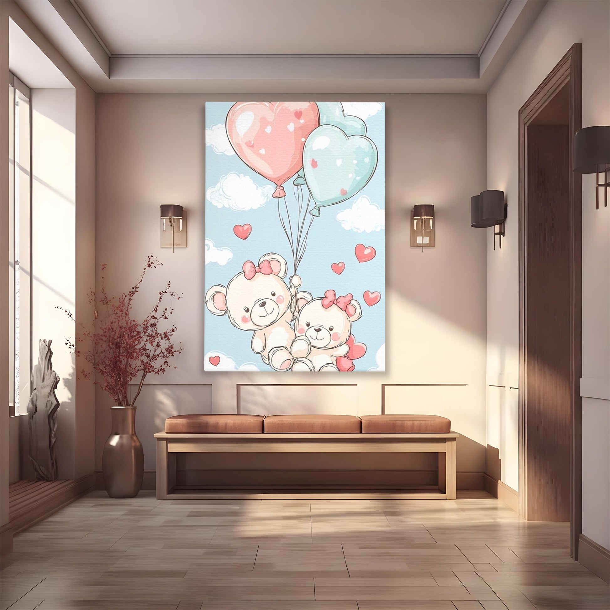 Leinwand Wandkunst Canvas Premium, LuxCanva® K1073, Kindheitstraum, Teddybären, Luftballons, Herzen, Wolken, Wolken, Flug, Pastell, Pastell, Freundschaft, Babyzimmer, Schlafzimmer