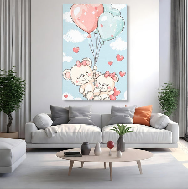 Leinwand Wandkunst Canvas Premium, LuxCanva® K1073, Kindheitstraum, Teddybären, Luftballons, Herzen, Wolken, Wolken, Flug, Pastell, Pastell, Freundschaft, Babyzimmer, Schlafzimmer