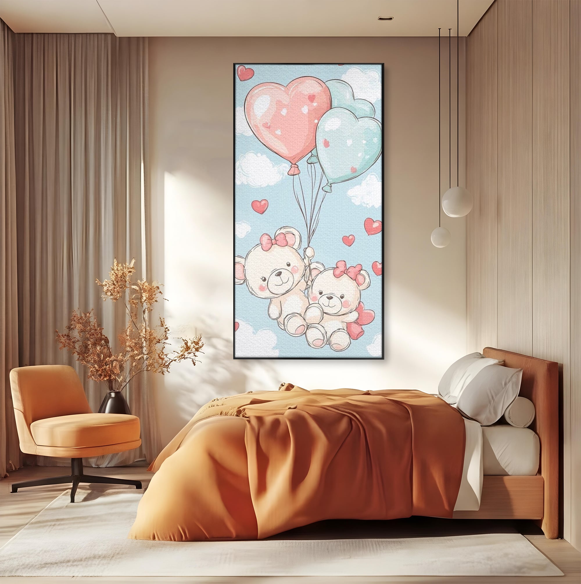 Leinwand Wandkunst Canvas Premium, LuxCanva® K1073, Kindheitstraum, Teddybären, Luftballons, Herzen, Wolken, Wolken, Flug, Pastell, Pastell, Freundschaft, Babyzimmer, Schlafzimmer