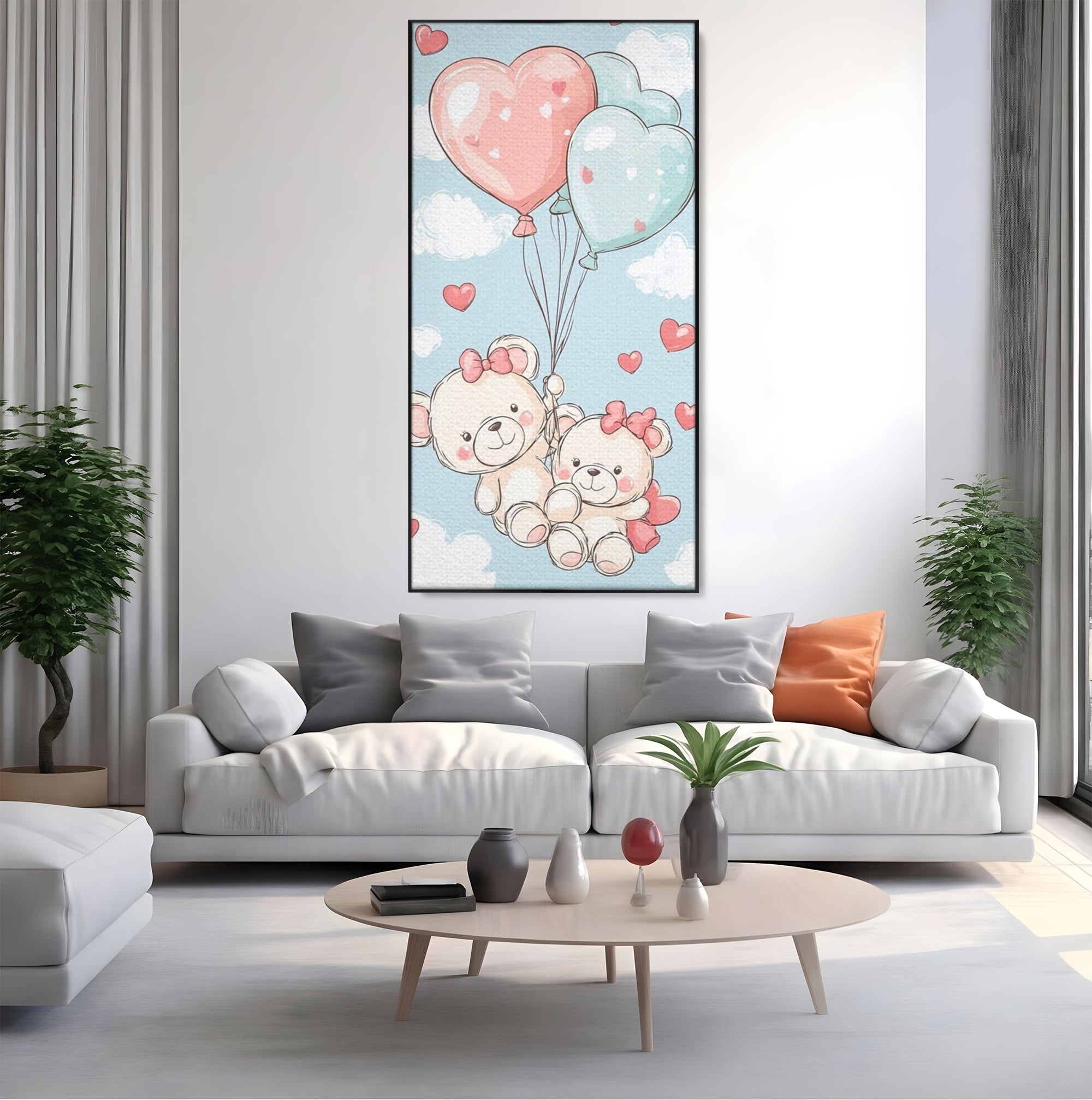 Leinwand Wandkunst Canvas Premium, LuxCanva® K1073, Kindheitstraum, Teddybären, Luftballons, Herzen, Wolken, Wolken, Flug, Pastell, Pastell, Freundschaft, Babyzimmer, Schlafzimmer
