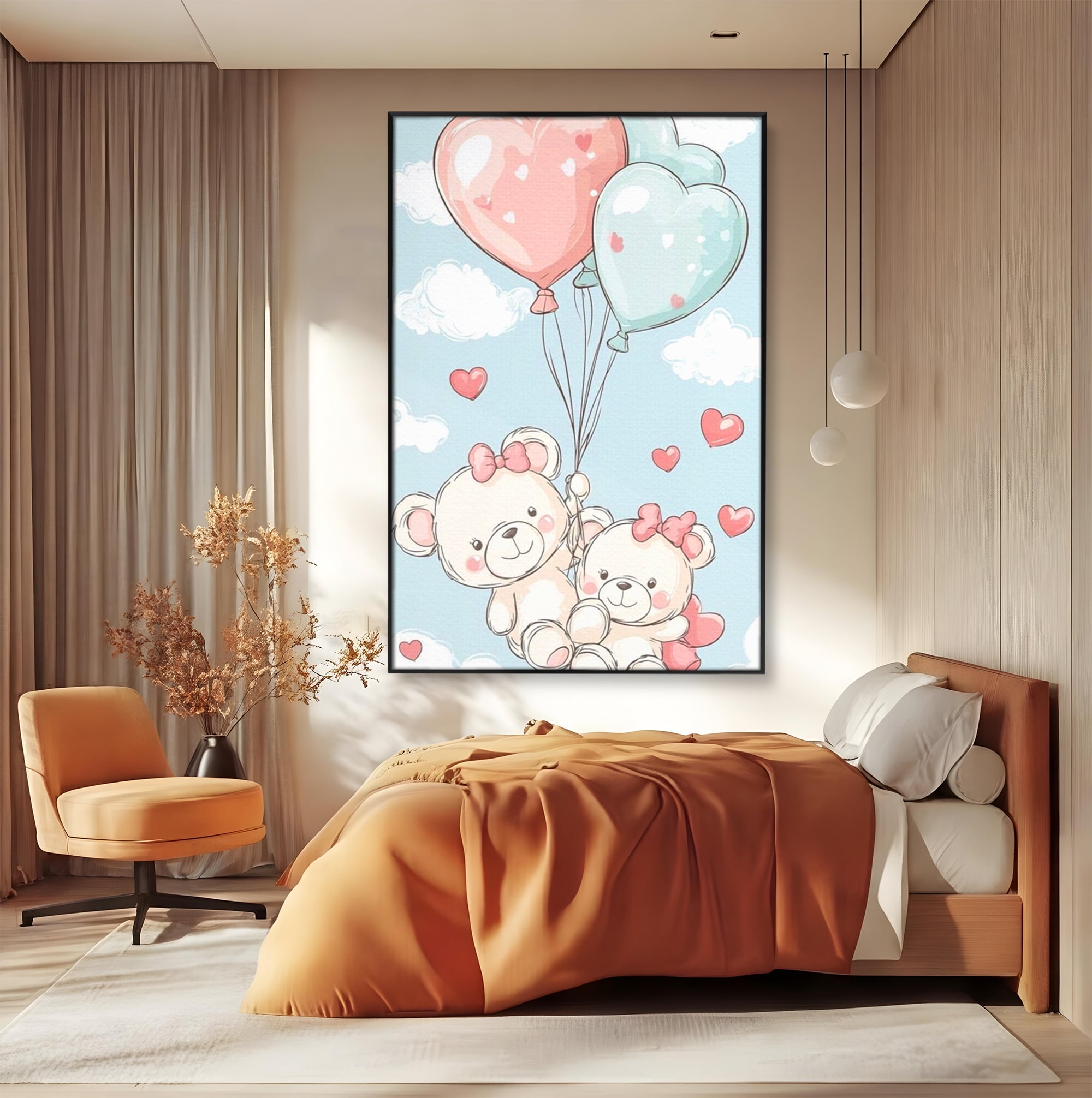 Leinwand Wandkunst Canvas Premium, LuxCanva® K1073, Kindheitstraum, Teddybären, Luftballons, Herzen, Wolken, Wolken, Flug, Pastell, Pastell, Freundschaft, Babyzimmer, Schlafzimmer