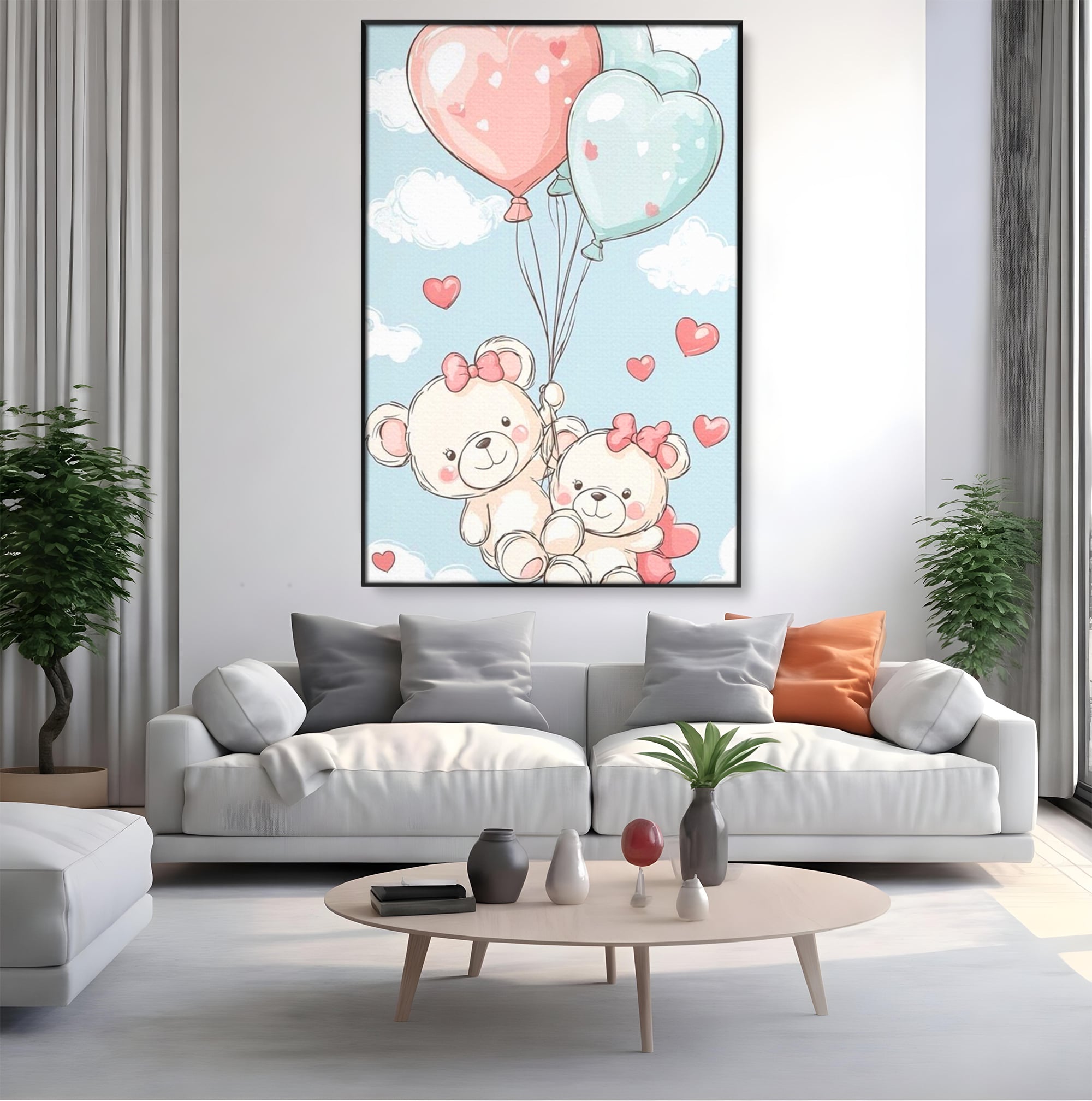 Leinwand Wandkunst Canvas Premium, LuxCanva® K1073, Kindheitstraum, Teddybären, Luftballons, Herzen, Wolken, Wolken, Flug, Pastell, Pastell, Freundschaft, Babyzimmer, Schlafzimmer