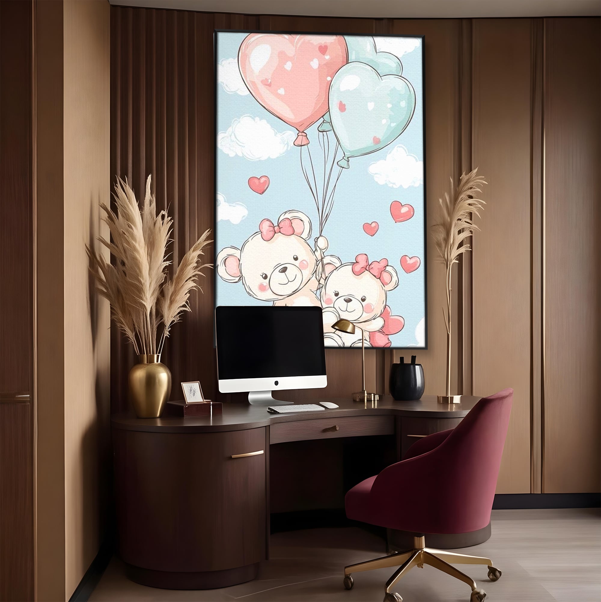 Leinwand Wandkunst Canvas Premium, LuxCanva® K1073, Kindheitstraum, Teddybären, Luftballons, Herzen, Wolken, Wolken, Flug, Pastell, Pastell, Freundschaft, Babyzimmer, Schlafzimmer