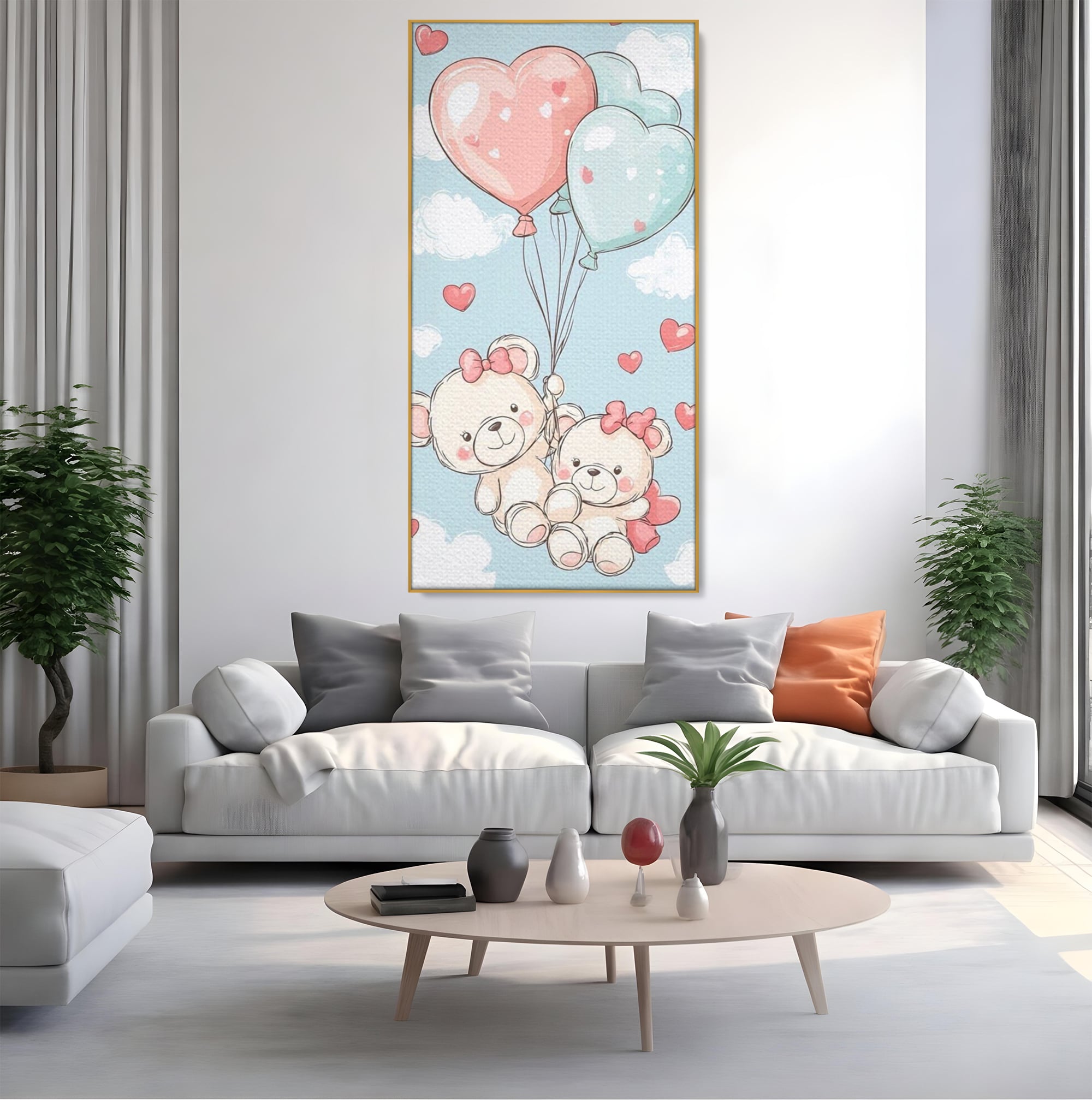 Leinwand Wandkunst Canvas Premium, LuxCanva® K1073, Kindheitstraum, Teddybären, Luftballons, Herzen, Wolken, Wolken, Flug, Pastell, Pastell, Freundschaft, Babyzimmer, Schlafzimmer