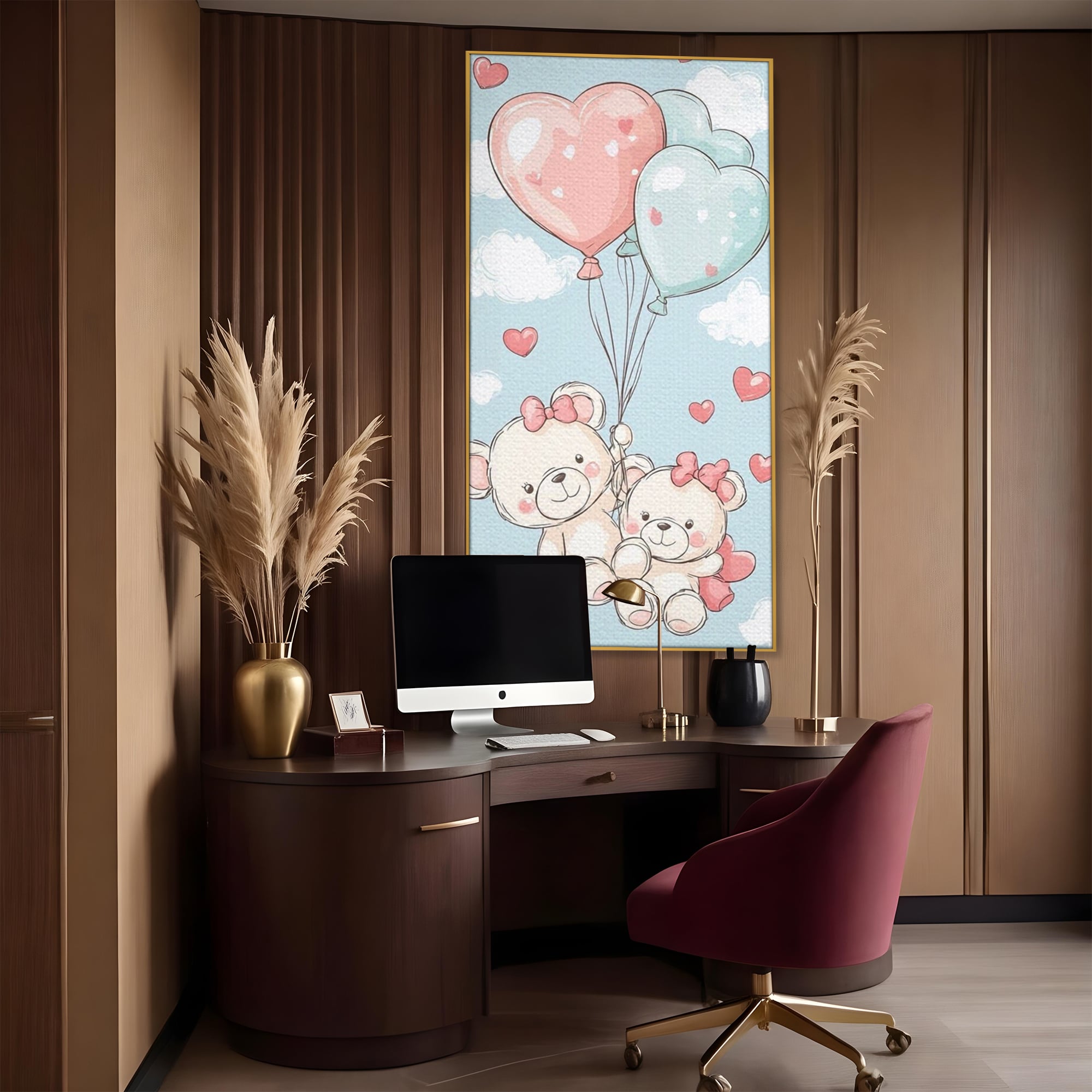 Leinwand Wandkunst Canvas Premium, LuxCanva® K1073, Kindheitstraum, Teddybären, Luftballons, Herzen, Wolken, Wolken, Flug, Pastell, Pastell, Freundschaft, Babyzimmer, Schlafzimmer