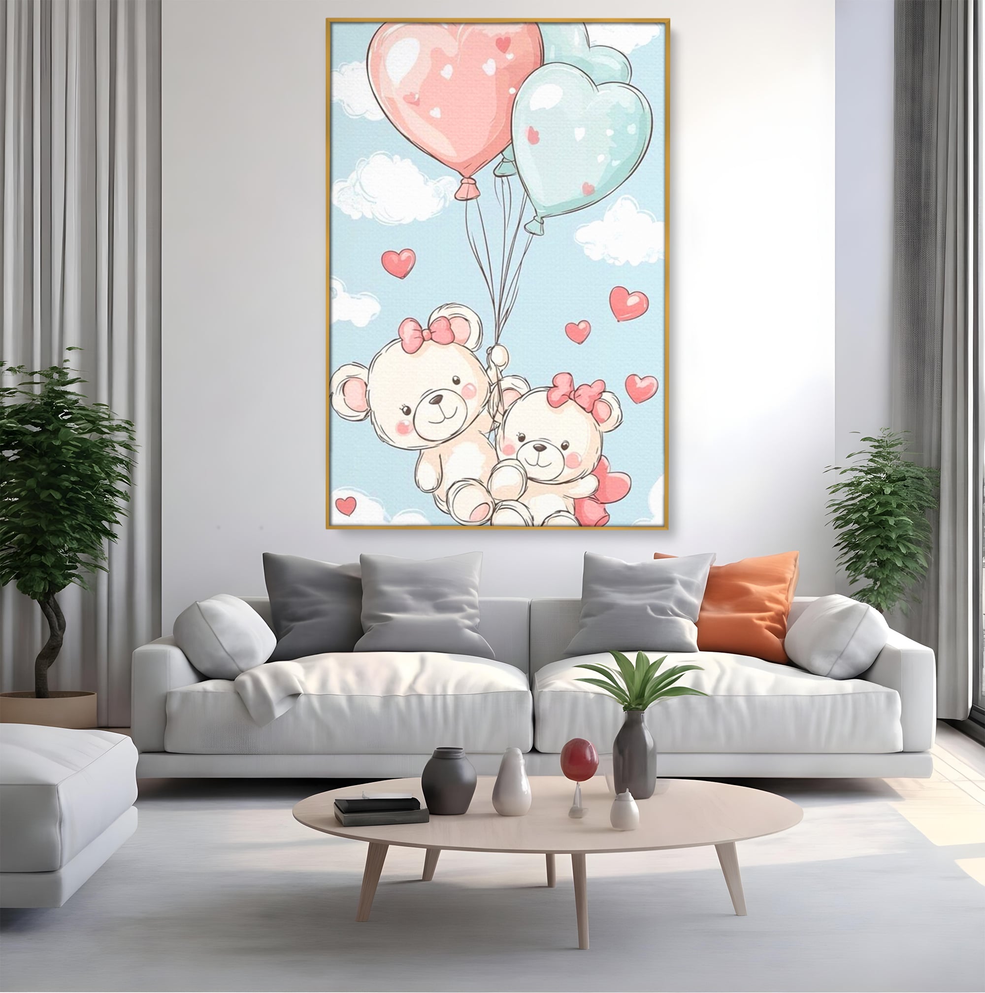 Leinwand Wandkunst Canvas Premium, LuxCanva® K1073, Kindheitstraum, Teddybären, Luftballons, Herzen, Wolken, Wolken, Flug, Pastell, Pastell, Freundschaft, Babyzimmer, Schlafzimmer