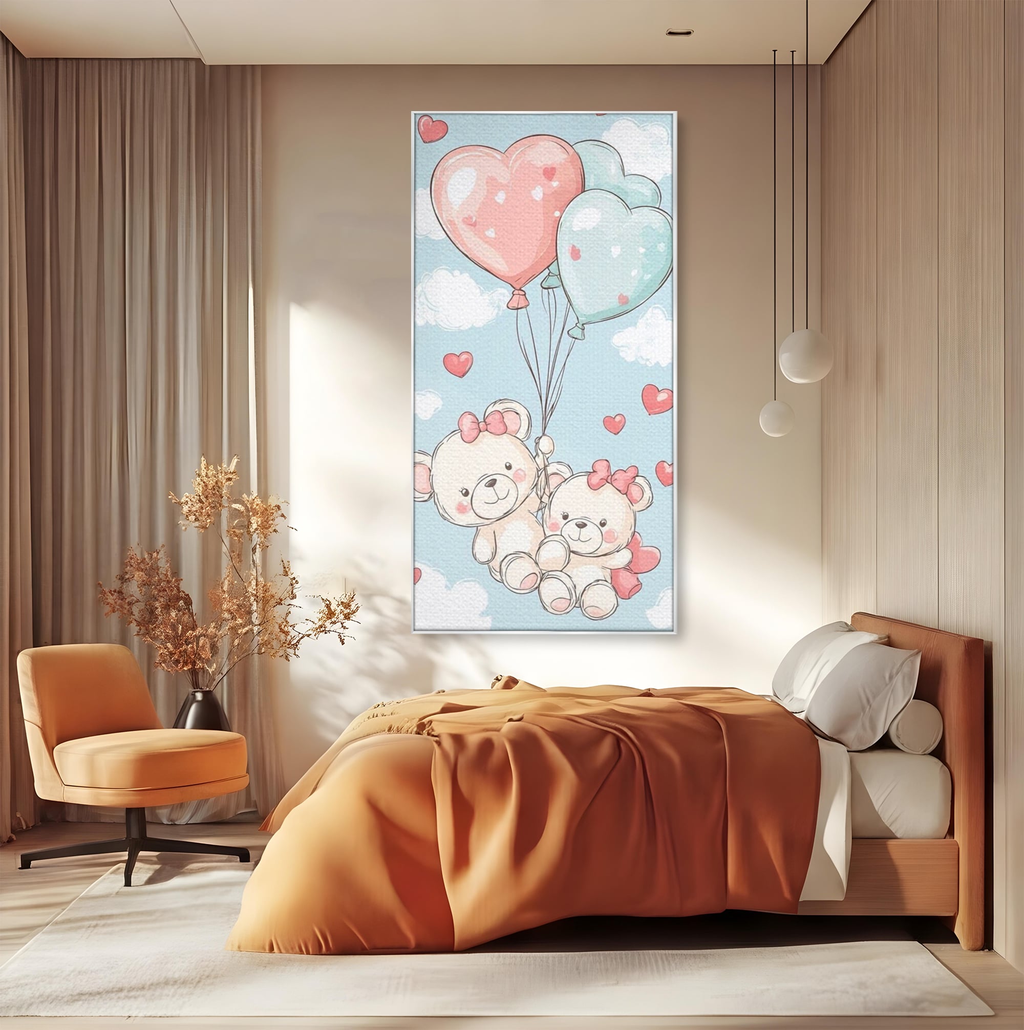 Leinwand Wandkunst Canvas Premium, LuxCanva® K1073, Kindheitstraum, Teddybären, Luftballons, Herzen, Wolken, Wolken, Flug, Pastell, Pastell, Freundschaft, Babyzimmer, Schlafzimmer