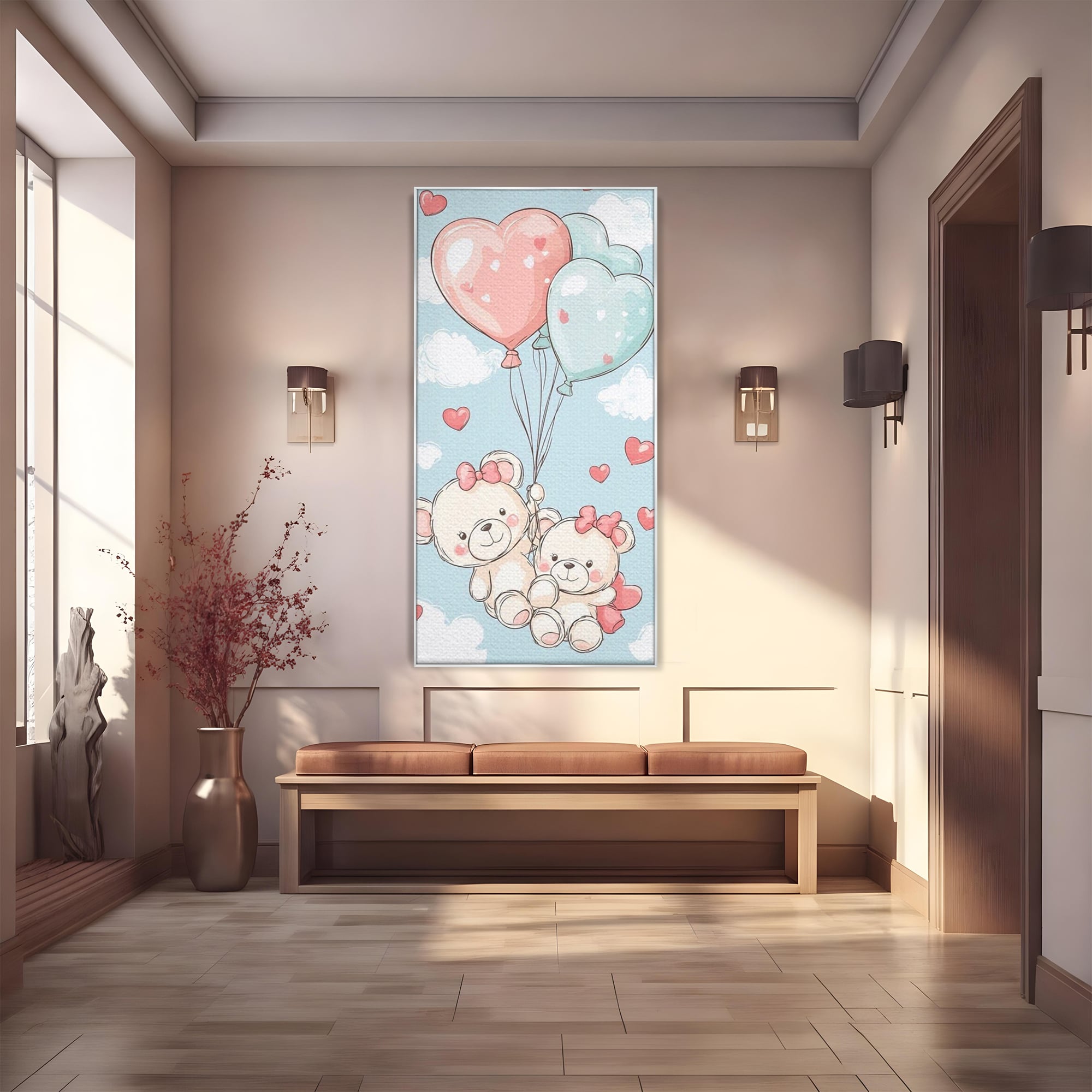 Leinwand Wandkunst Canvas Premium, LuxCanva® K1073, Kindheitstraum, Teddybären, Luftballons, Herzen, Wolken, Wolken, Flug, Pastell, Pastell, Freundschaft, Babyzimmer, Schlafzimmer