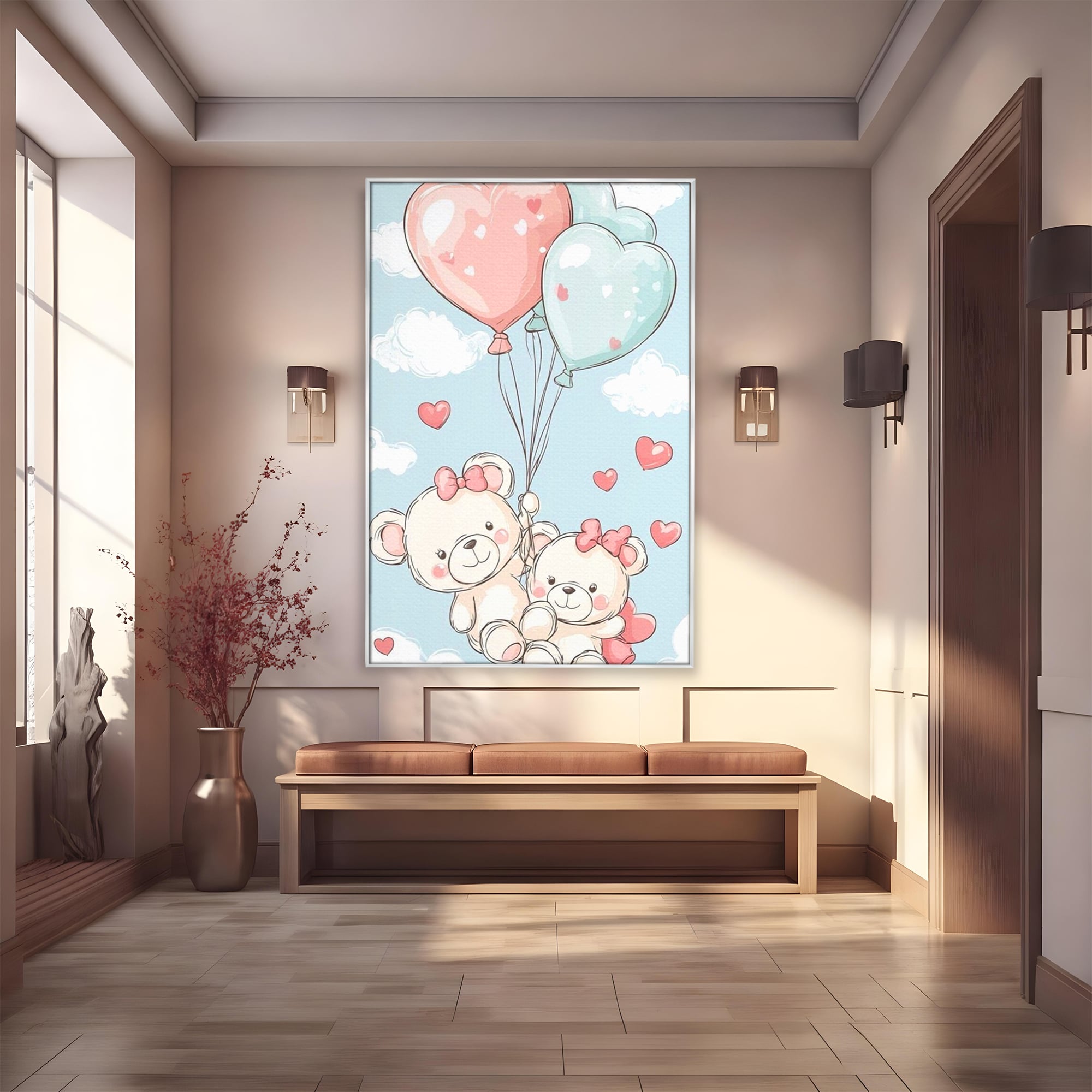 Leinwand Wandkunst Canvas Premium, LuxCanva® K1073, Kindheitstraum, Teddybären, Luftballons, Herzen, Wolken, Wolken, Flug, Pastell, Pastell, Freundschaft, Babyzimmer, Schlafzimmer