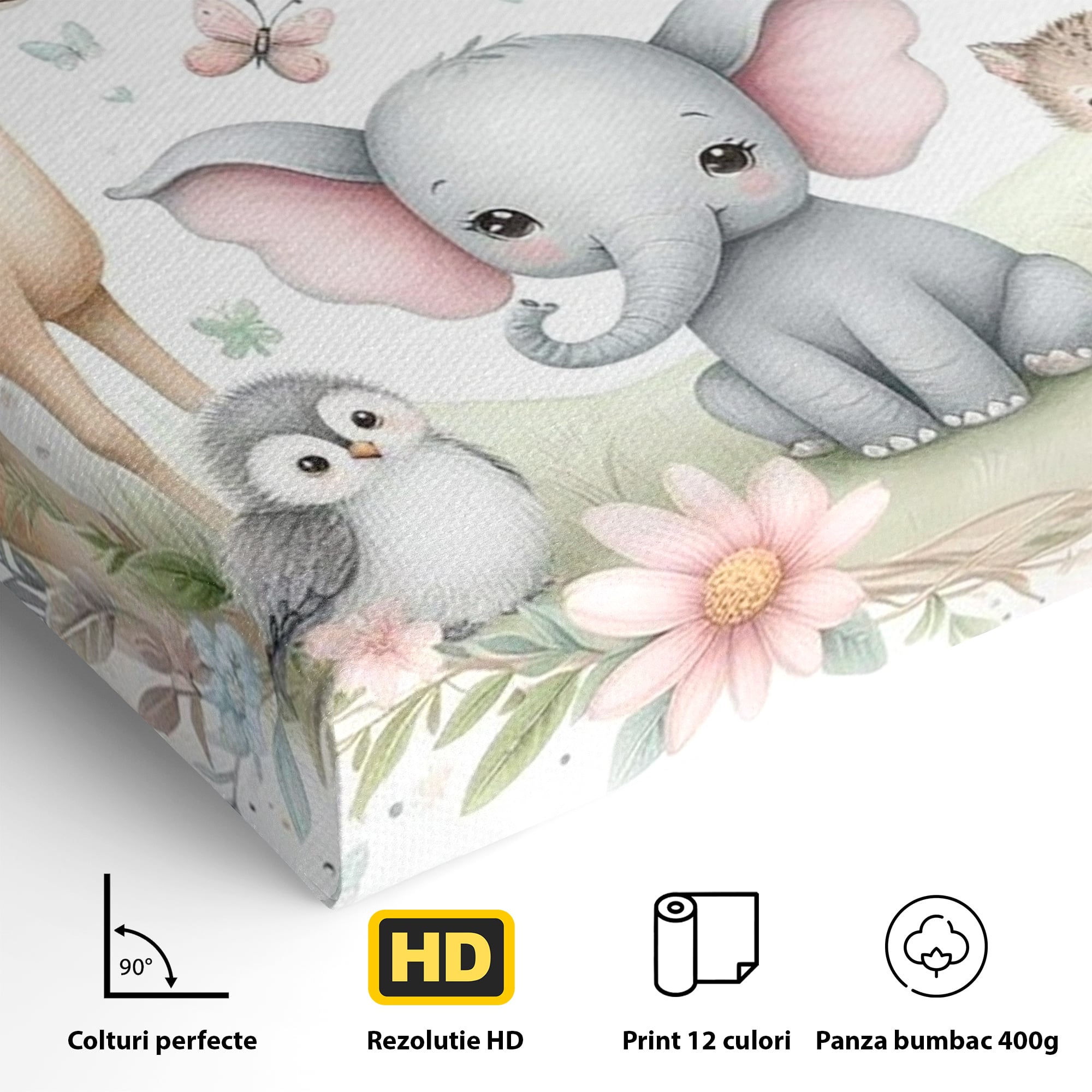 Tablou Canvas Premium, LuxCanva® K1074, Lumea Copiilor, Elefantel, Caprioare, Pinguin, Flori, Fabula, Natura, Veselie, Camera Copil, Dormitor