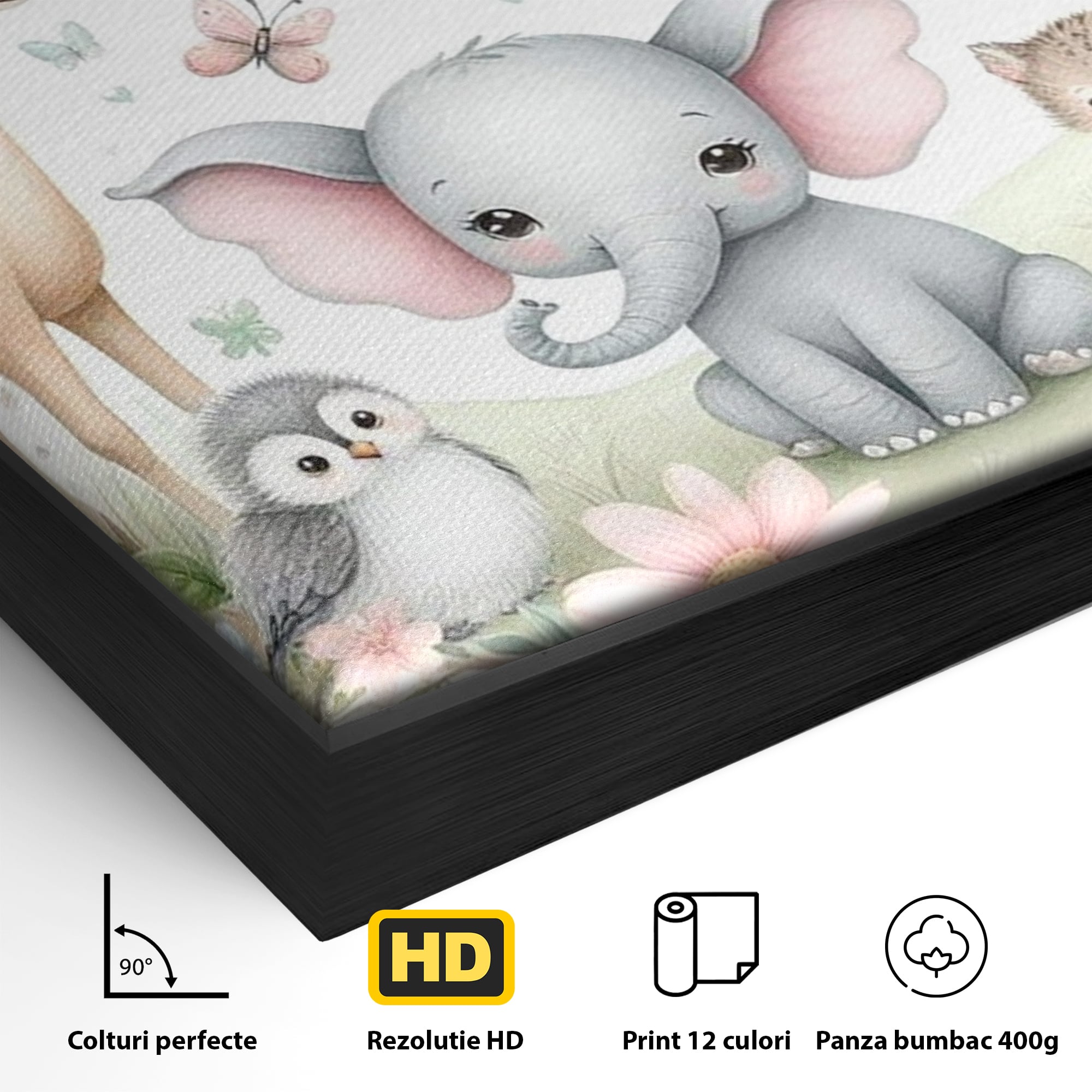 Tablou Canvas Premium, LuxCanva® K1074, Lumea Copiilor, Elefantel, Caprioare, Pinguin, Flori, Fabula, Natura, Veselie, Camera Copil, Dormitor