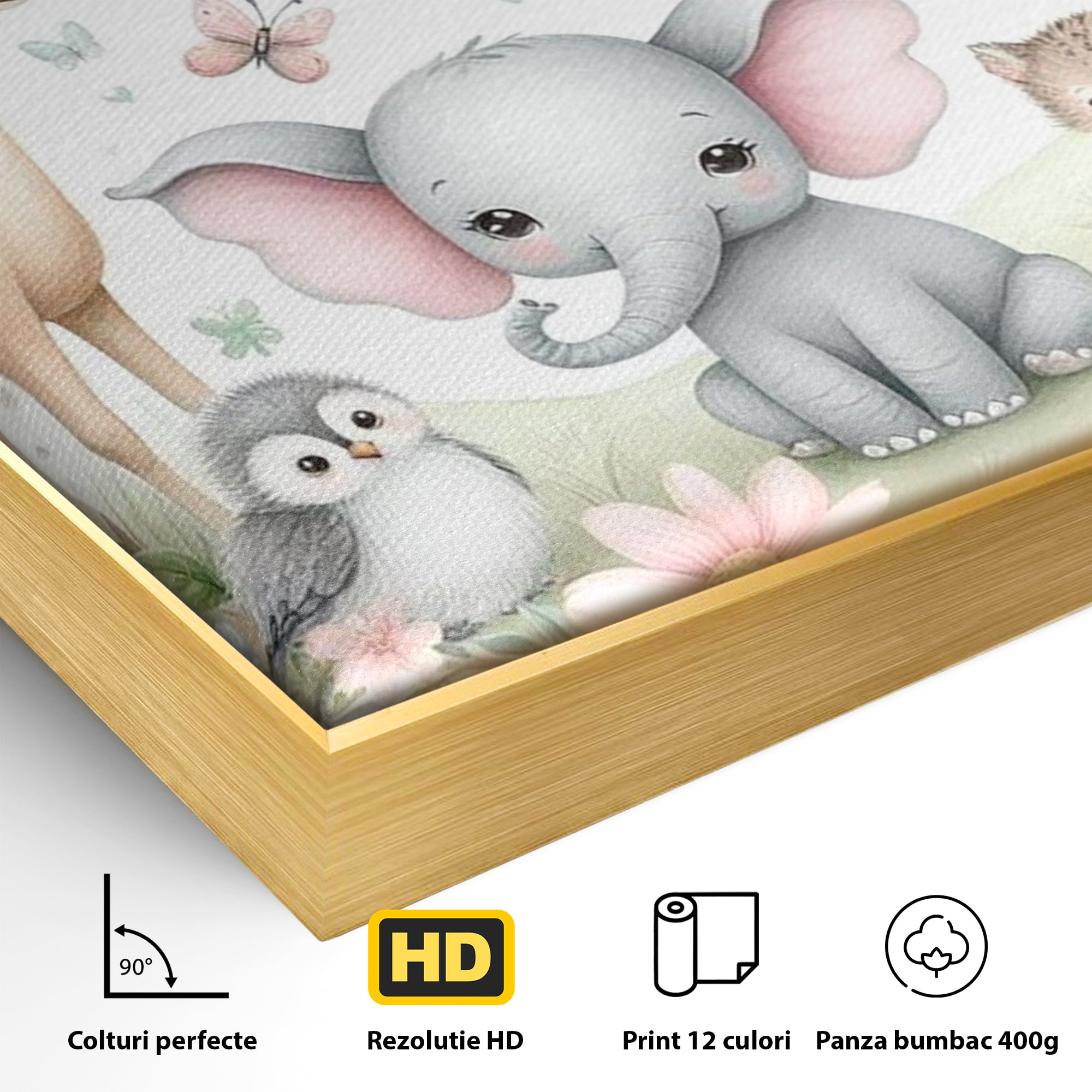 Tablou Canvas Premium, LuxCanva® K1074, Lumea Copiilor, Elefantel, Caprioare, Pinguin, Flori, Fabula, Natura, Veselie, Camera Copil, Dormitor