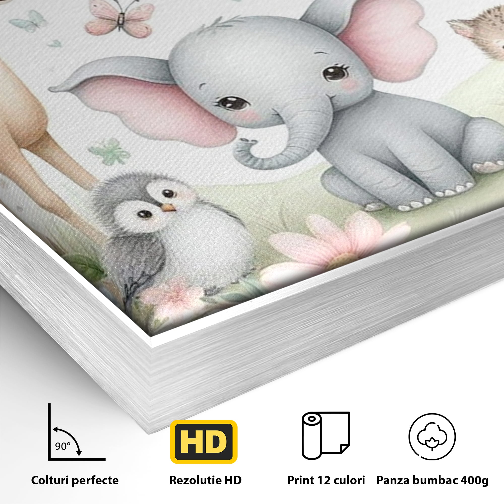 Tablou Canvas Premium, LuxCanva® K1074, Lumea Copiilor, Elefantel, Caprioare, Pinguin, Flori, Fabula, Natura, Veselie, Camera Copil, Dormitor