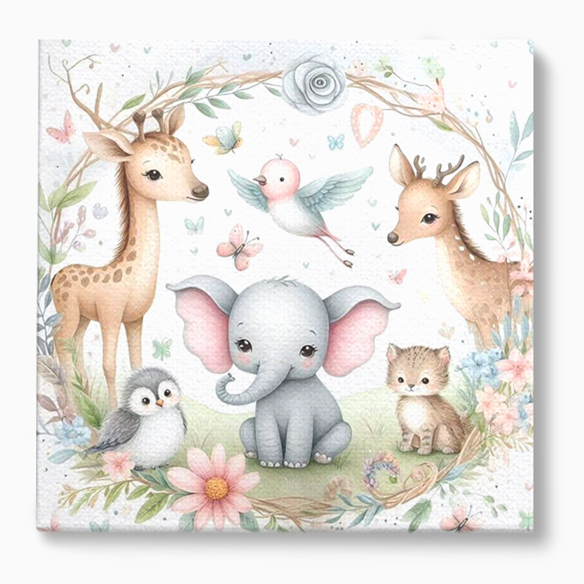 Tablou Canvas Premium, LuxCanva® K1074, Lumea Copiilor, Elefantel, Caprioare, Pinguin, Flori, Fabula, Natura, Veselie, Camera Copil, Dormitor