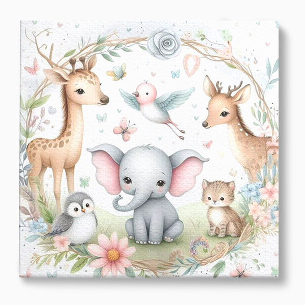 Tablou Canvas Premium, LuxCanva® K1074, Lumea Copiilor, Elefantel, Caprioare, Pinguin, Flori, Fabula, Natura, Veselie, Camera Copil, Dormitor