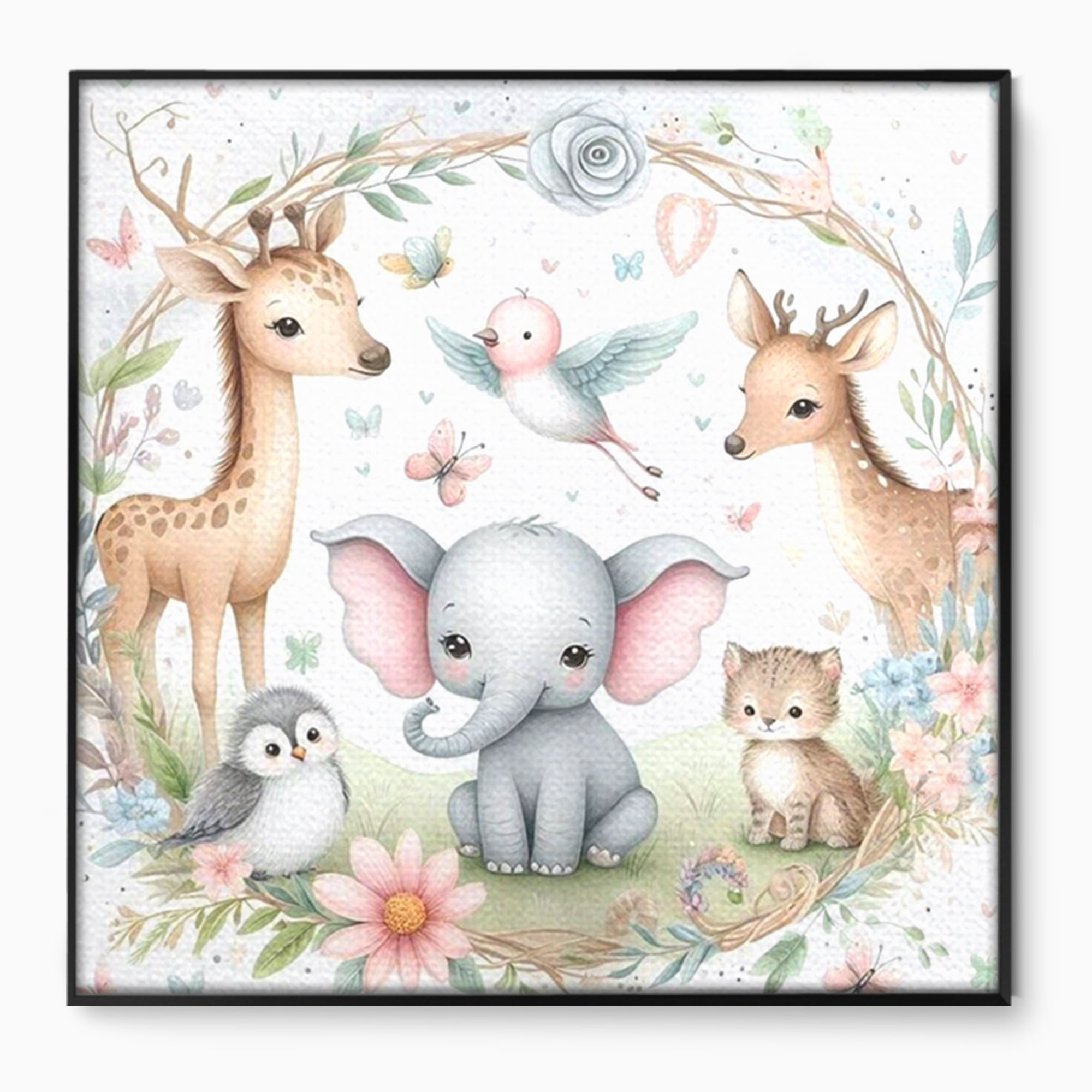 Tablou Canvas Premium, LuxCanva® K1074, Lumea Copiilor, Elefantel, Caprioare, Pinguin, Flori, Fabula, Natura, Veselie, Camera Copil, Dormitor