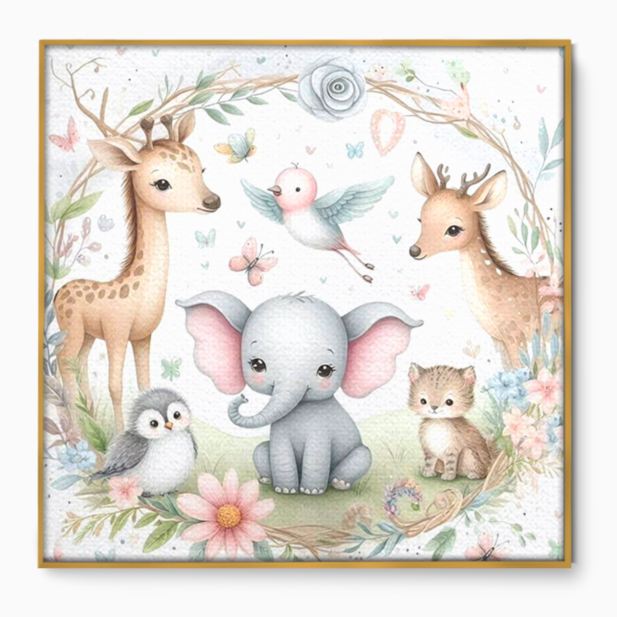 Tablou Canvas Premium, LuxCanva® K1074, Lumea Copiilor, Elefantel, Caprioare, Pinguin, Flori, Fabula, Natura, Veselie, Camera Copil, Dormitor