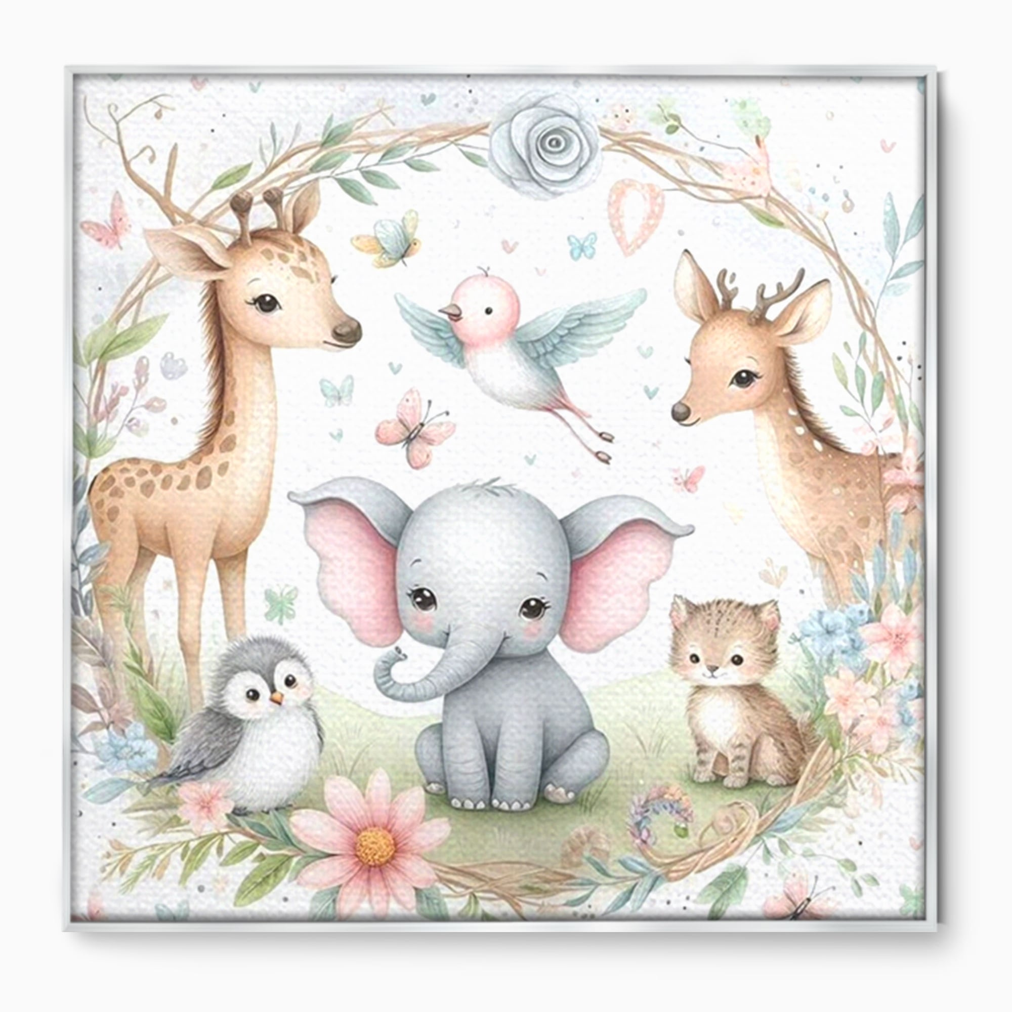 Tablou Canvas Premium, LuxCanva® K1074, Lumea Copiilor, Elefantel, Caprioare, Pinguin, Flori, Fabula, Natura, Veselie, Camera Copil, Dormitor