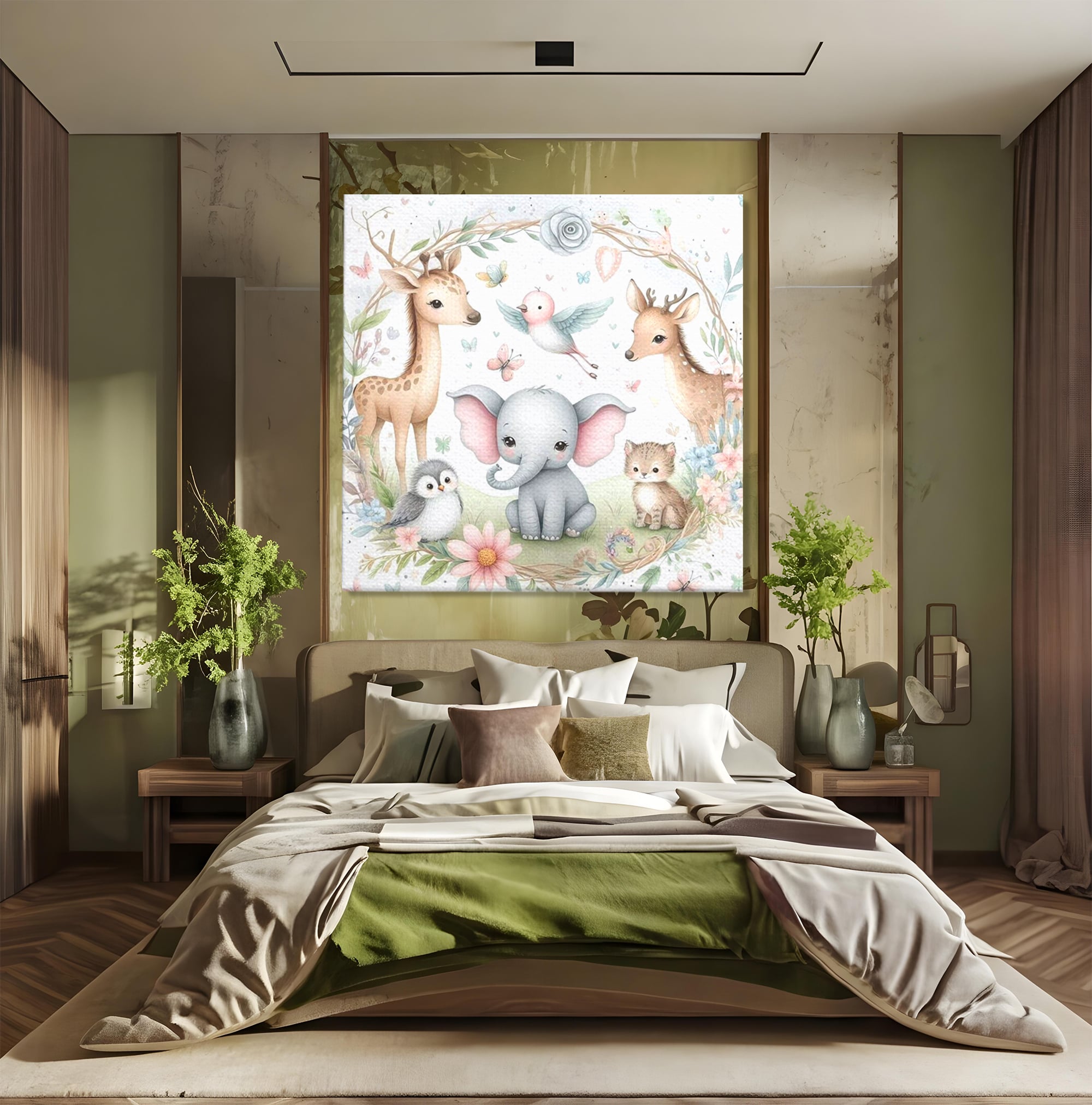 Tablou Canvas Premium, LuxCanva® K1074, Lumea Copiilor, Elefantel, Caprioare, Pinguin, Flori, Fabula, Natura, Veselie, Camera Copil, Dormitor