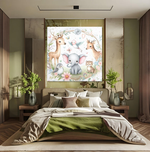 Tablou Canvas Premium, LuxCanva® K1074, Lumea Copiilor, Elefantel, Caprioare, Pinguin, Flori, Fabula, Natura, Veselie, Camera Copil, Dormitor