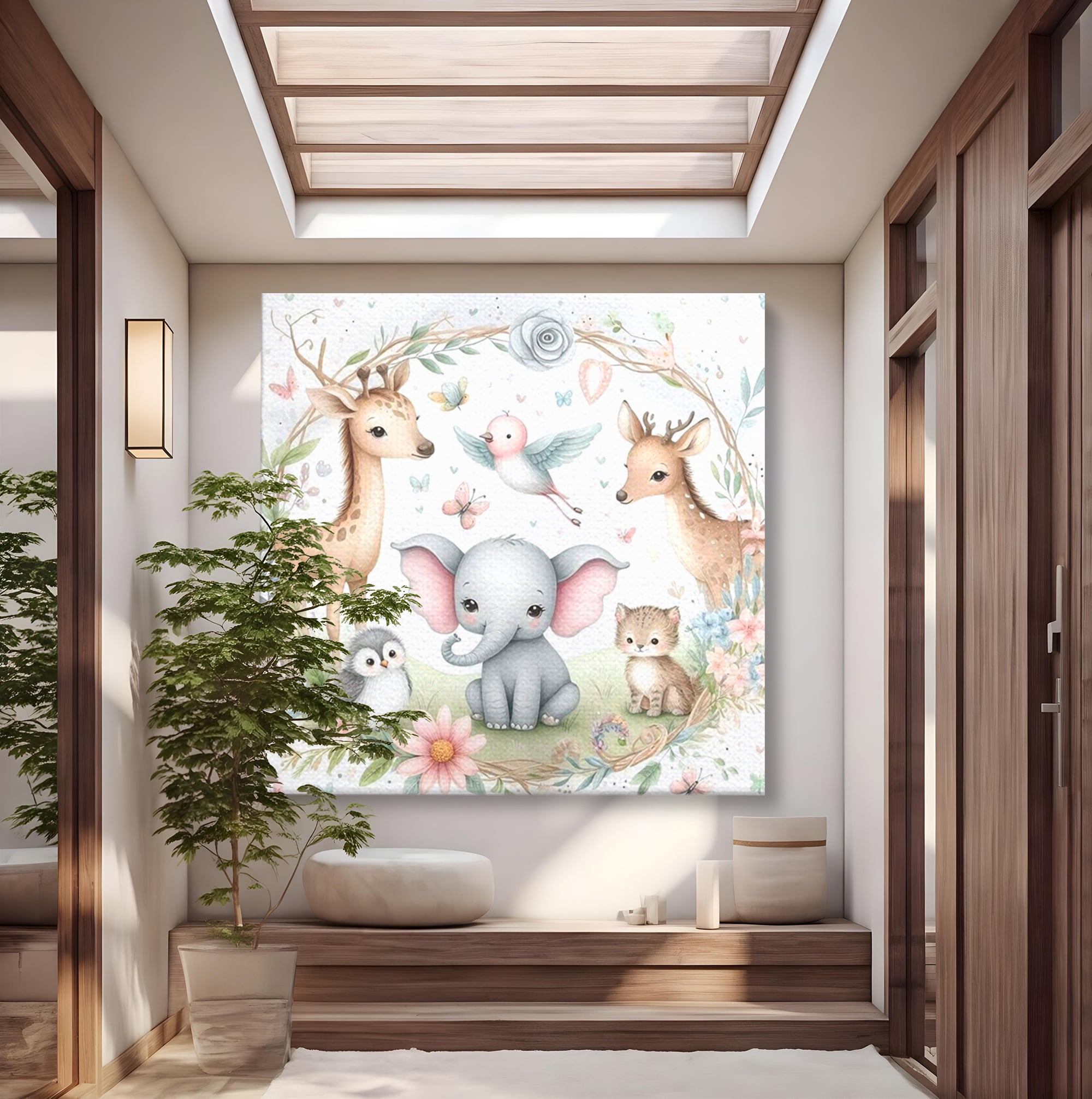 Tablou Canvas Premium, LuxCanva® K1074, Lumea Copiilor, Elefantel, Caprioare, Pinguin, Flori, Fabula, Natura, Veselie, Camera Copil, Dormitor
