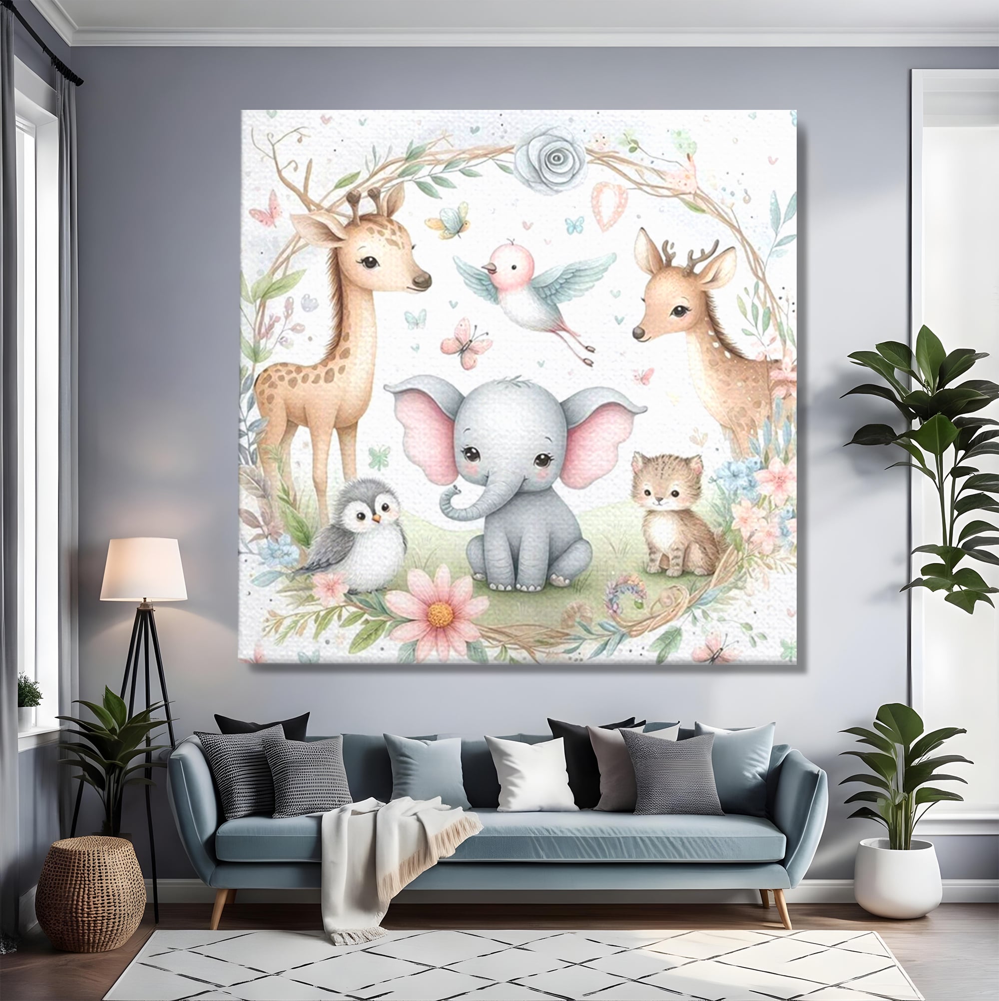 Tablou Canvas Premium, LuxCanva® K1074, Lumea Copiilor, Elefantel, Caprioare, Pinguin, Flori, Fabula, Natura, Veselie, Camera Copil, Dormitor