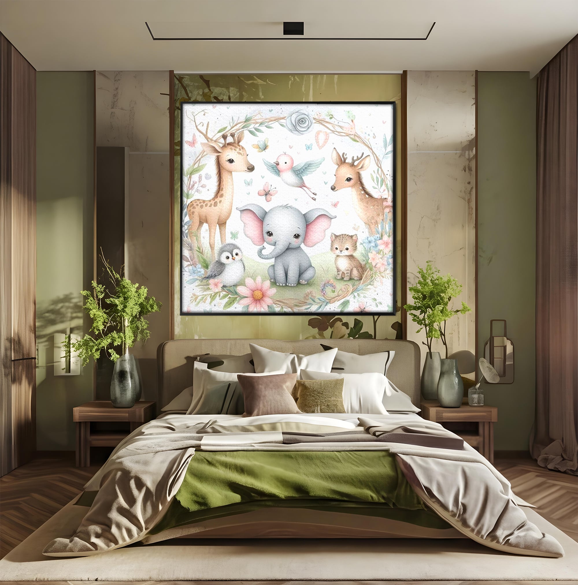 Tablou Canvas Premium, LuxCanva® K1074, Lumea Copiilor, Elefantel, Caprioare, Pinguin, Flori, Fabula, Natura, Veselie, Camera Copil, Dormitor