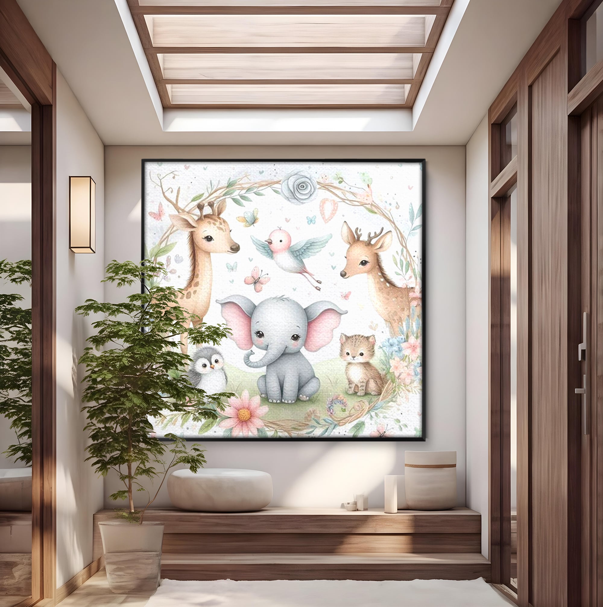Tablou Canvas Premium, LuxCanva® K1074, Lumea Copiilor, Elefantel, Caprioare, Pinguin, Flori, Fabula, Natura, Veselie, Camera Copil, Dormitor