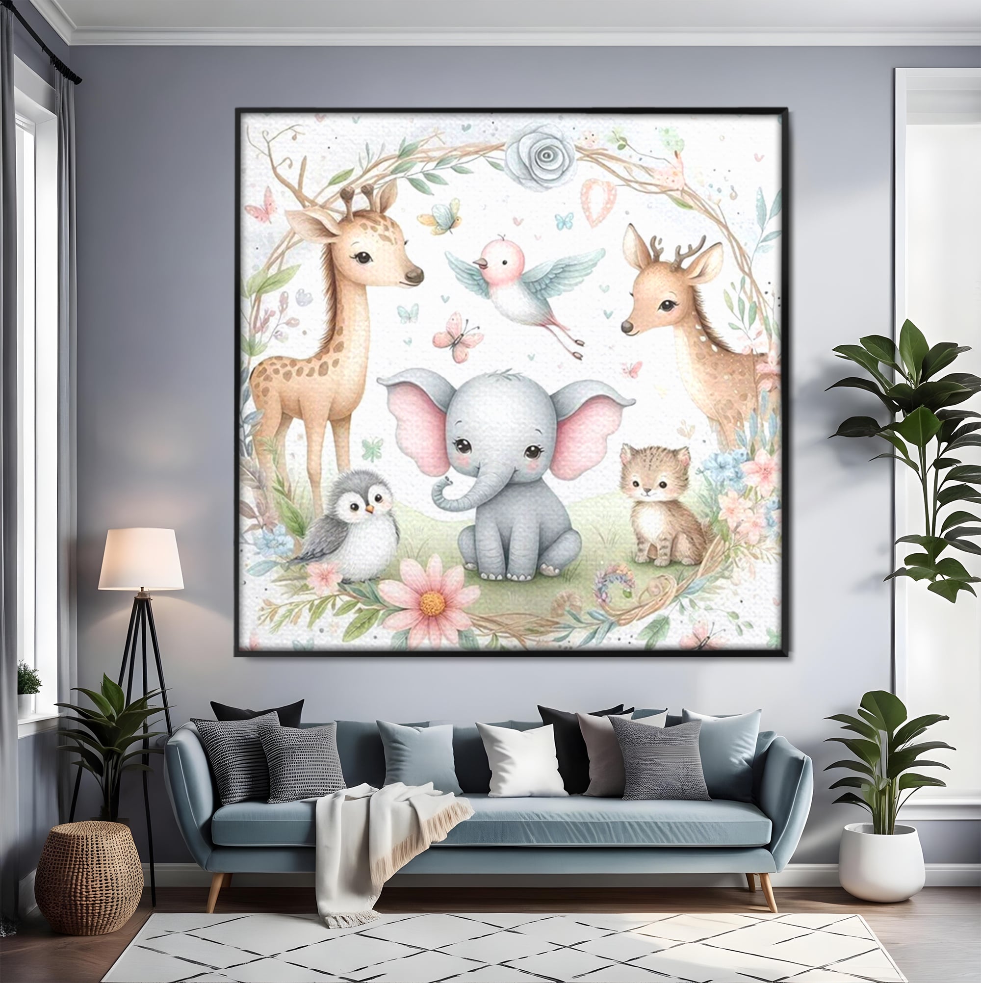 Tablou Canvas Premium, LuxCanva® K1074, Lumea Copiilor, Elefantel, Caprioare, Pinguin, Flori, Fabula, Natura, Veselie, Camera Copil, Dormitor
