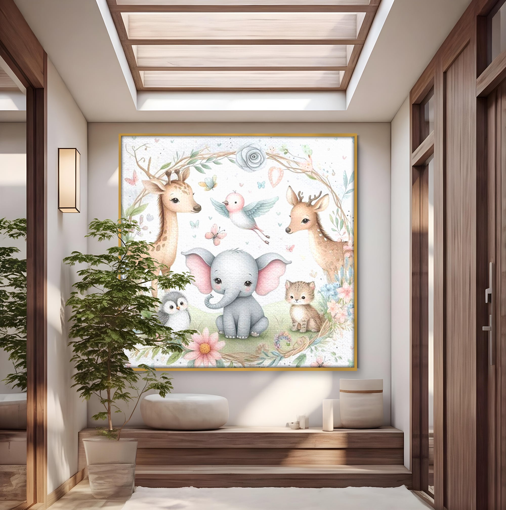 Tablou Canvas Premium, LuxCanva® K1074, Lumea Copiilor, Elefantel, Caprioare, Pinguin, Flori, Fabula, Natura, Veselie, Camera Copil, Dormitor