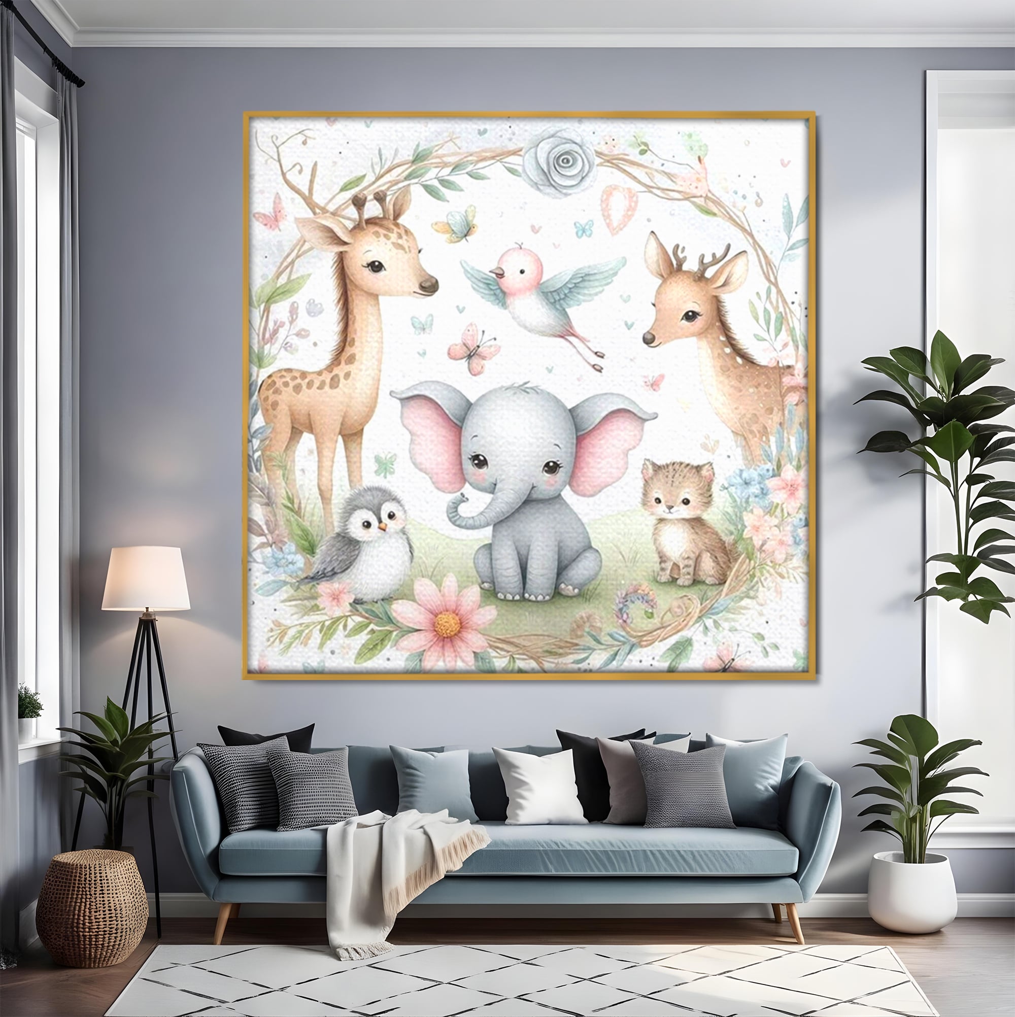 Tablou Canvas Premium, LuxCanva® K1074, Lumea Copiilor, Elefantel, Caprioare, Pinguin, Flori, Fabula, Natura, Veselie, Camera Copil, Dormitor