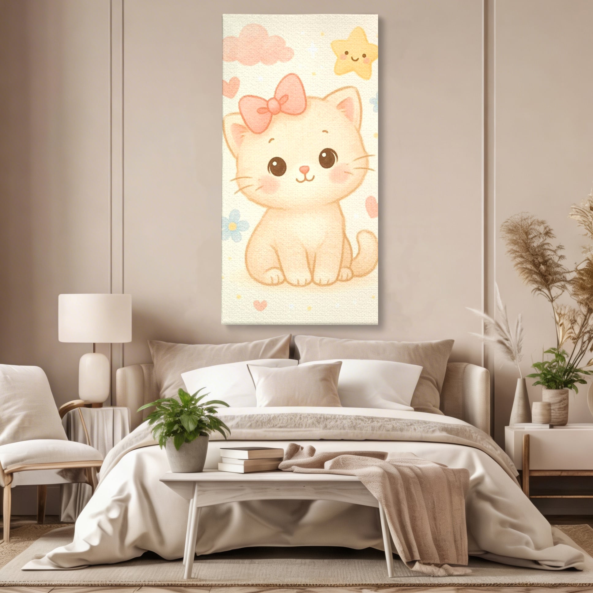 Leinwand Wandbilder Premium, LuxCanva® K1075, Ein bisschen Niedlichkeit, Kätzchen, Stern, Schleife, Schleife, Blumen, Baby, bezaubernd, Babyzimmer, Schlafzimmer