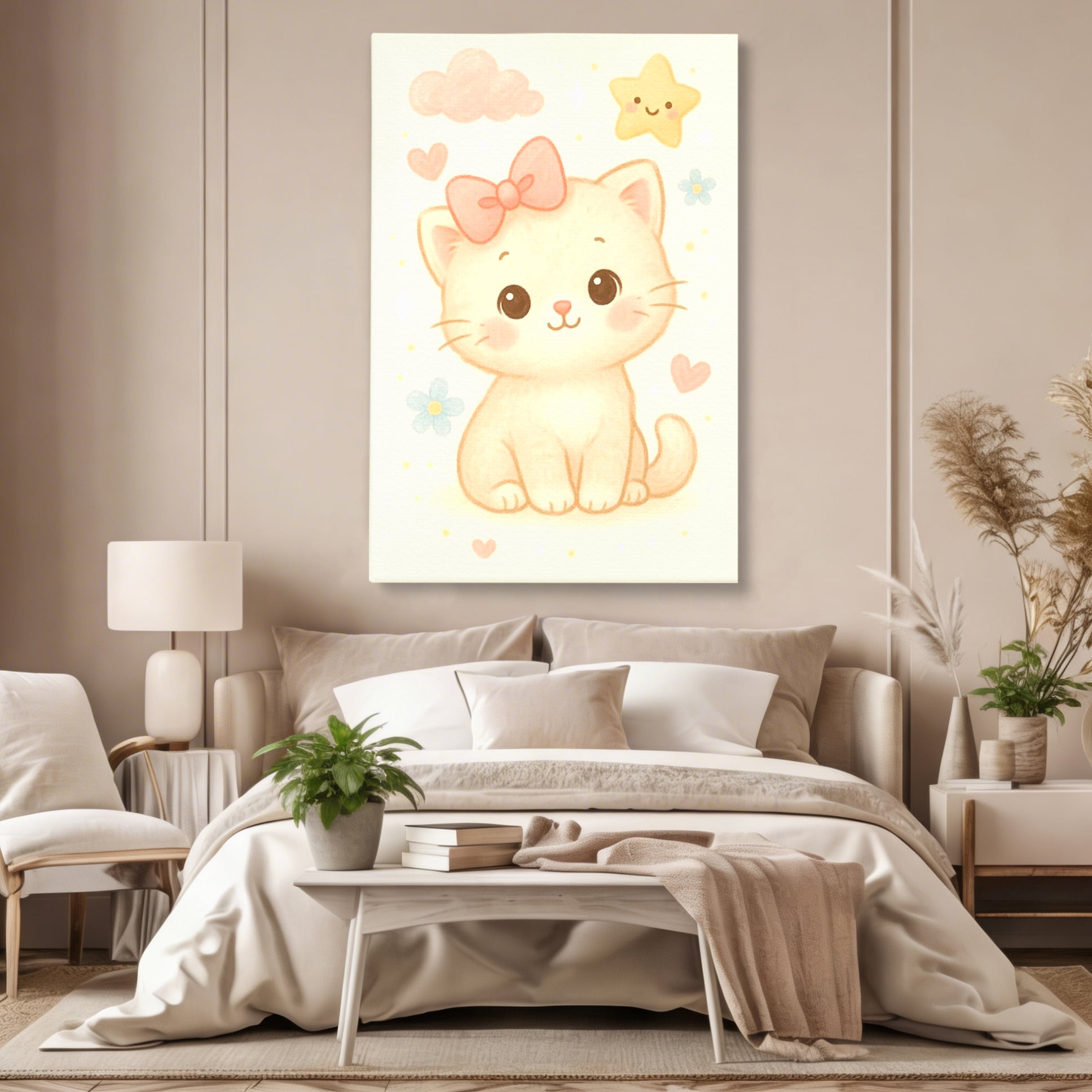 Leinwand Wandbilder Premium, LuxCanva® K1075, Ein bisschen Niedlichkeit, Kätzchen, Stern, Schleife, Schleife, Blumen, Baby, bezaubernd, Babyzimmer, Schlafzimmer