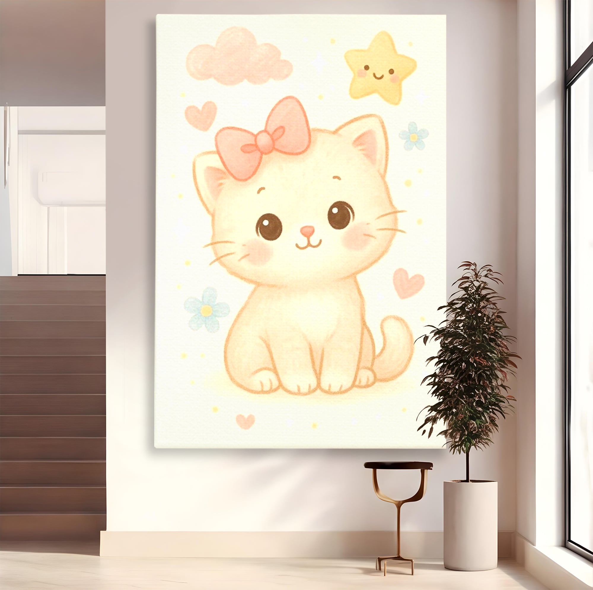 Leinwand Wandbilder Premium, LuxCanva® K1075, Ein bisschen Niedlichkeit, Kätzchen, Stern, Schleife, Schleife, Blumen, Baby, bezaubernd, Babyzimmer, Schlafzimmer