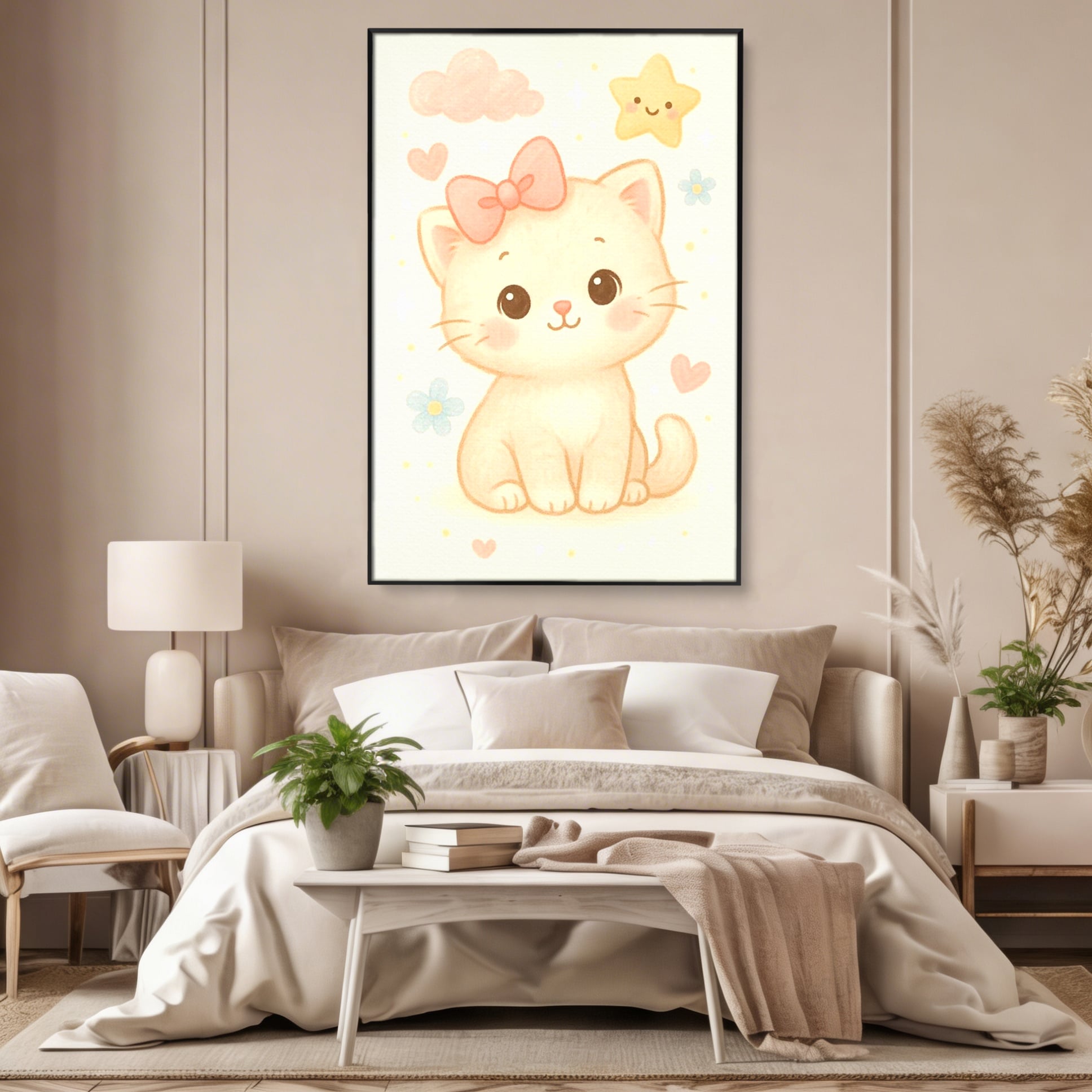 Leinwand Wandbilder Premium, LuxCanva® K1075, Ein bisschen Niedlichkeit, Kätzchen, Stern, Schleife, Schleife, Blumen, Baby, bezaubernd, Babyzimmer, Schlafzimmer