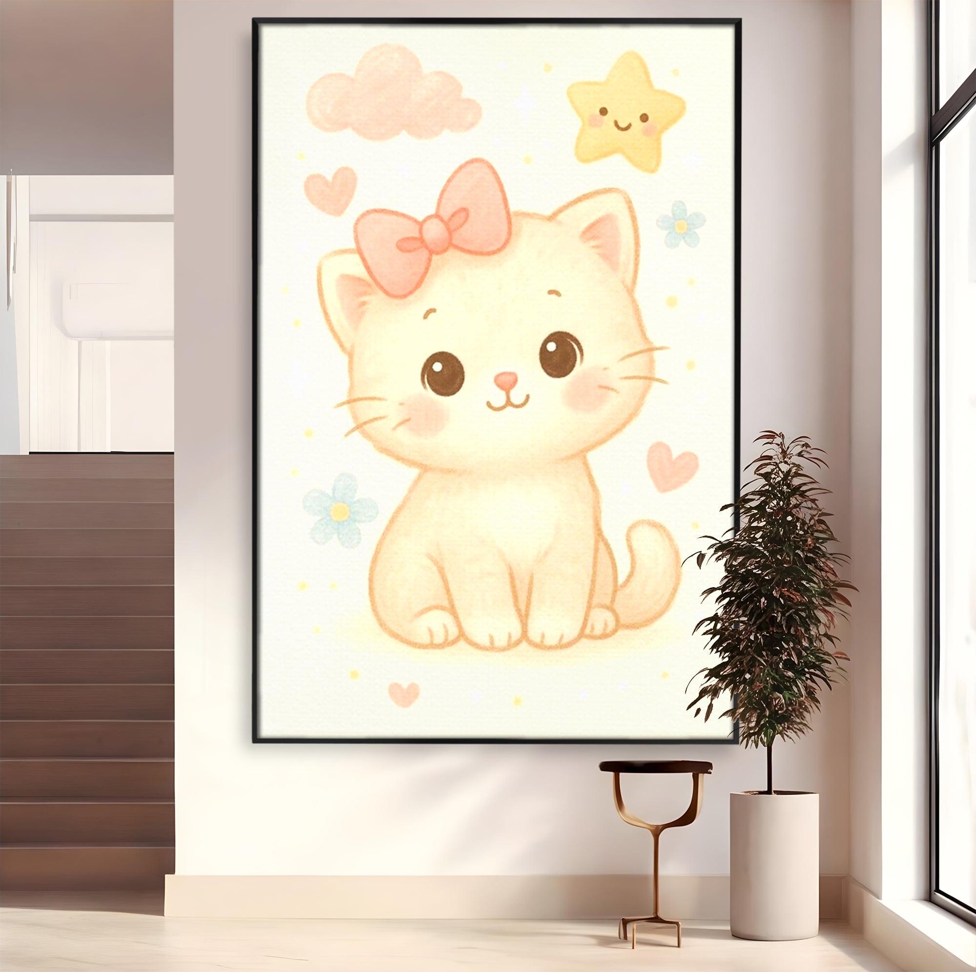 Leinwand Wandbilder Premium, LuxCanva® K1075, Ein bisschen Niedlichkeit, Kätzchen, Stern, Schleife, Schleife, Blumen, Baby, bezaubernd, Babyzimmer, Schlafzimmer