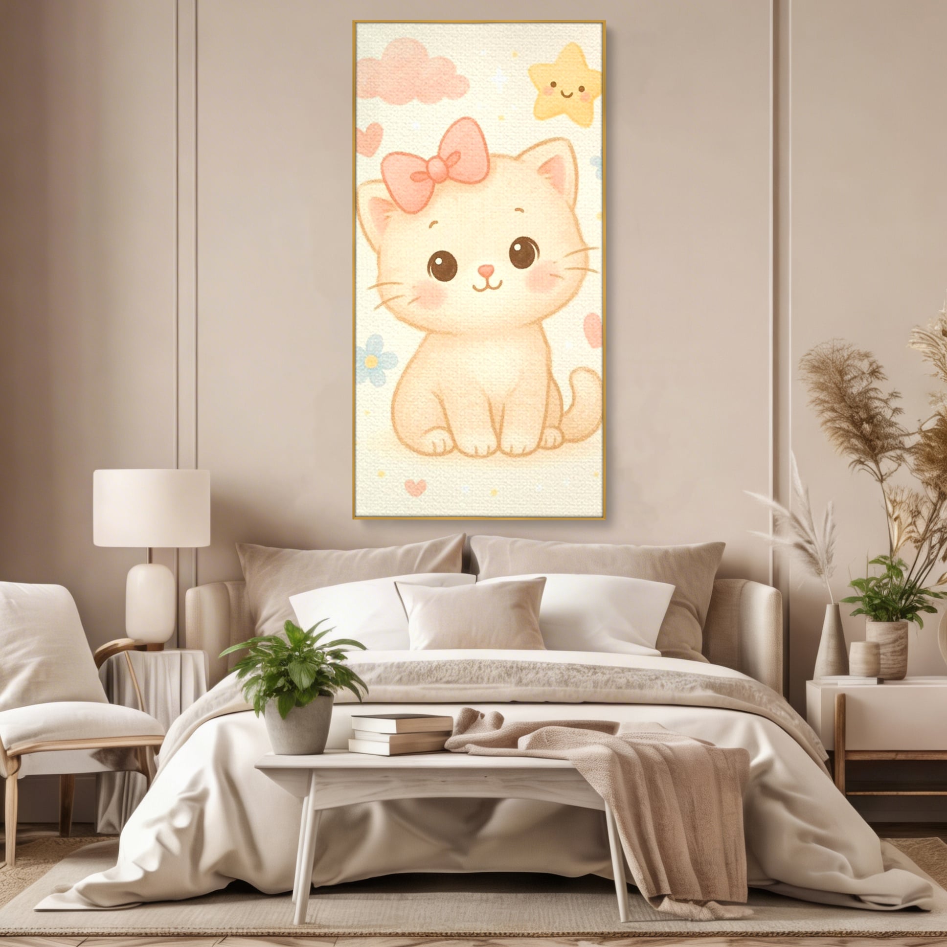 Leinwand Wandbilder Premium, LuxCanva® K1075, Ein bisschen Niedlichkeit, Kätzchen, Stern, Schleife, Schleife, Blumen, Baby, bezaubernd, Babyzimmer, Schlafzimmer