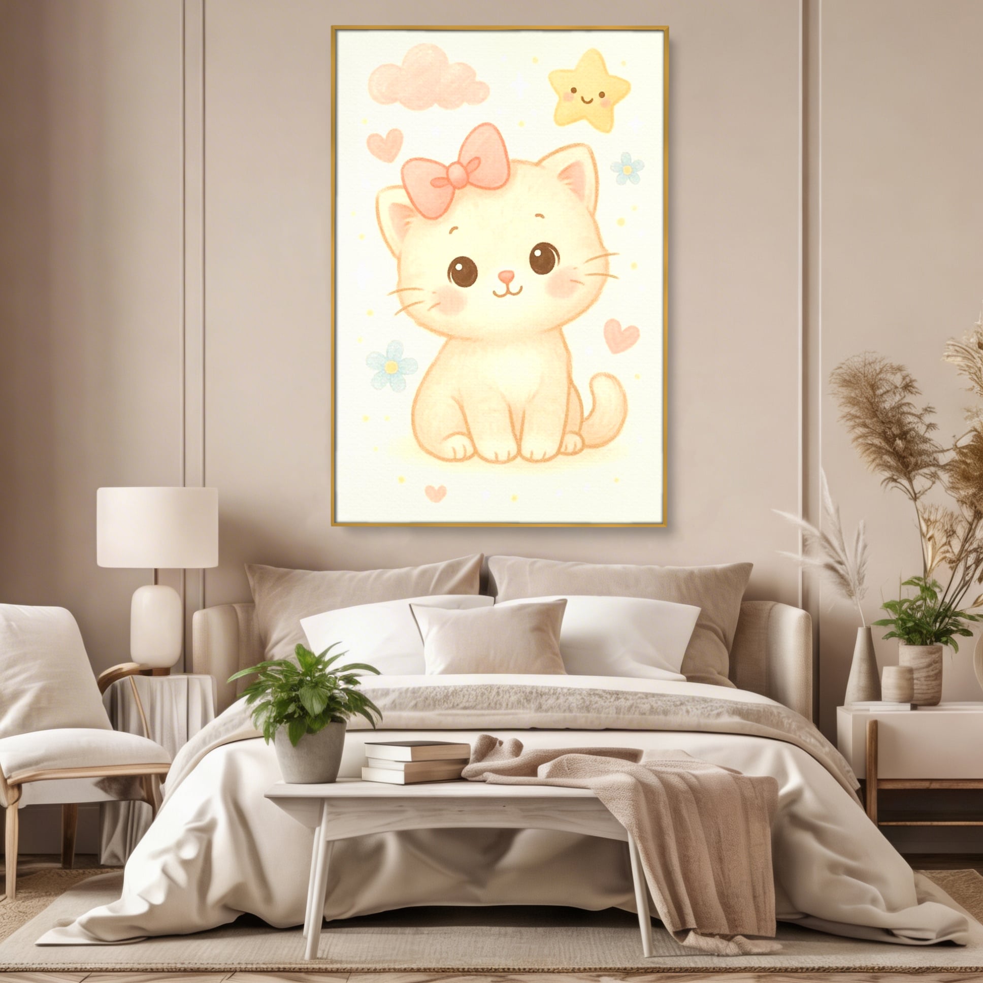 Leinwand Wandbilder Premium, LuxCanva® K1075, Ein bisschen Niedlichkeit, Kätzchen, Stern, Schleife, Schleife, Blumen, Baby, bezaubernd, Babyzimmer, Schlafzimmer