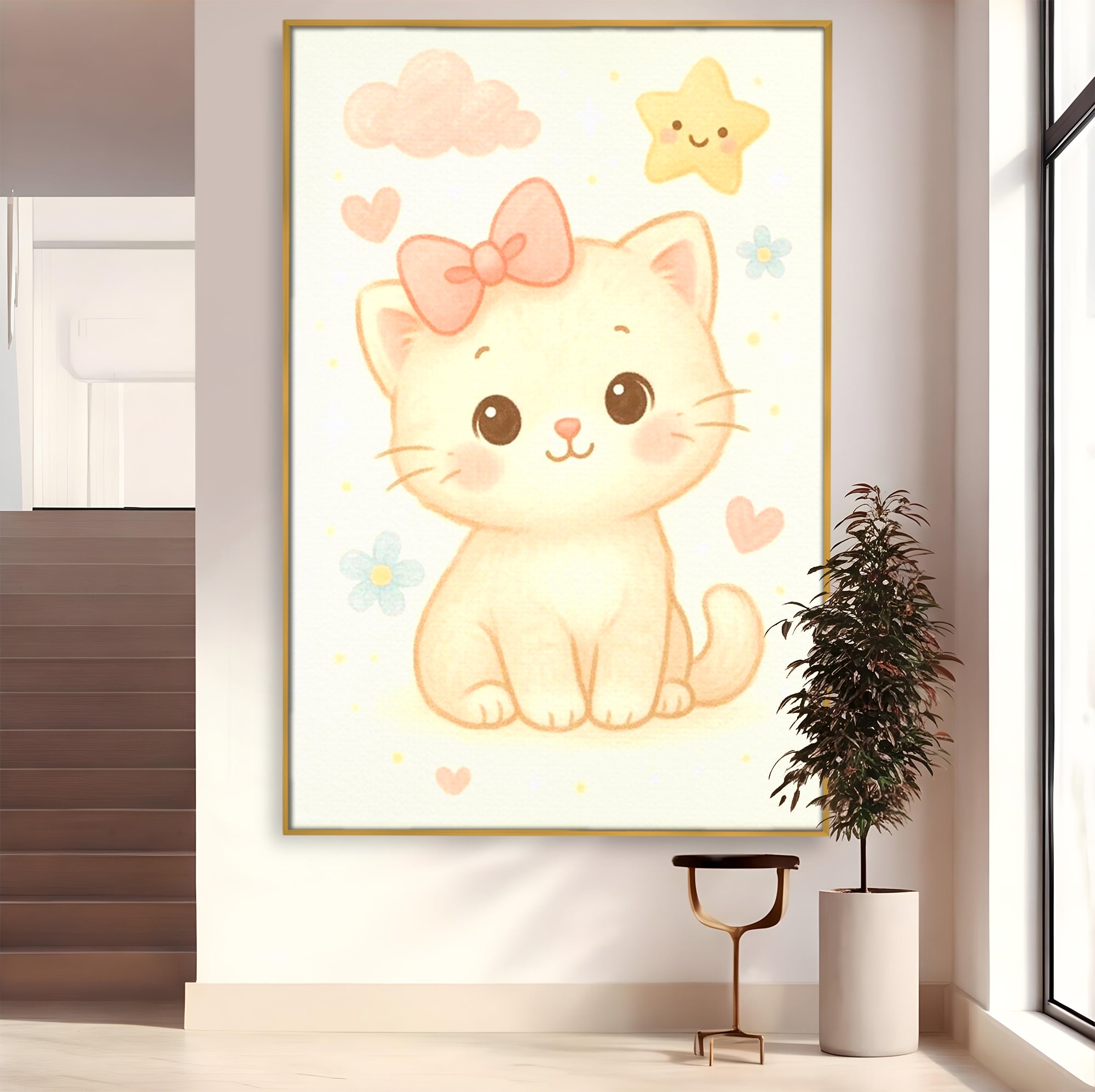 Leinwand Wandbilder Premium, LuxCanva® K1075, Ein bisschen Niedlichkeit, Kätzchen, Stern, Schleife, Schleife, Blumen, Baby, bezaubernd, Babyzimmer, Schlafzimmer