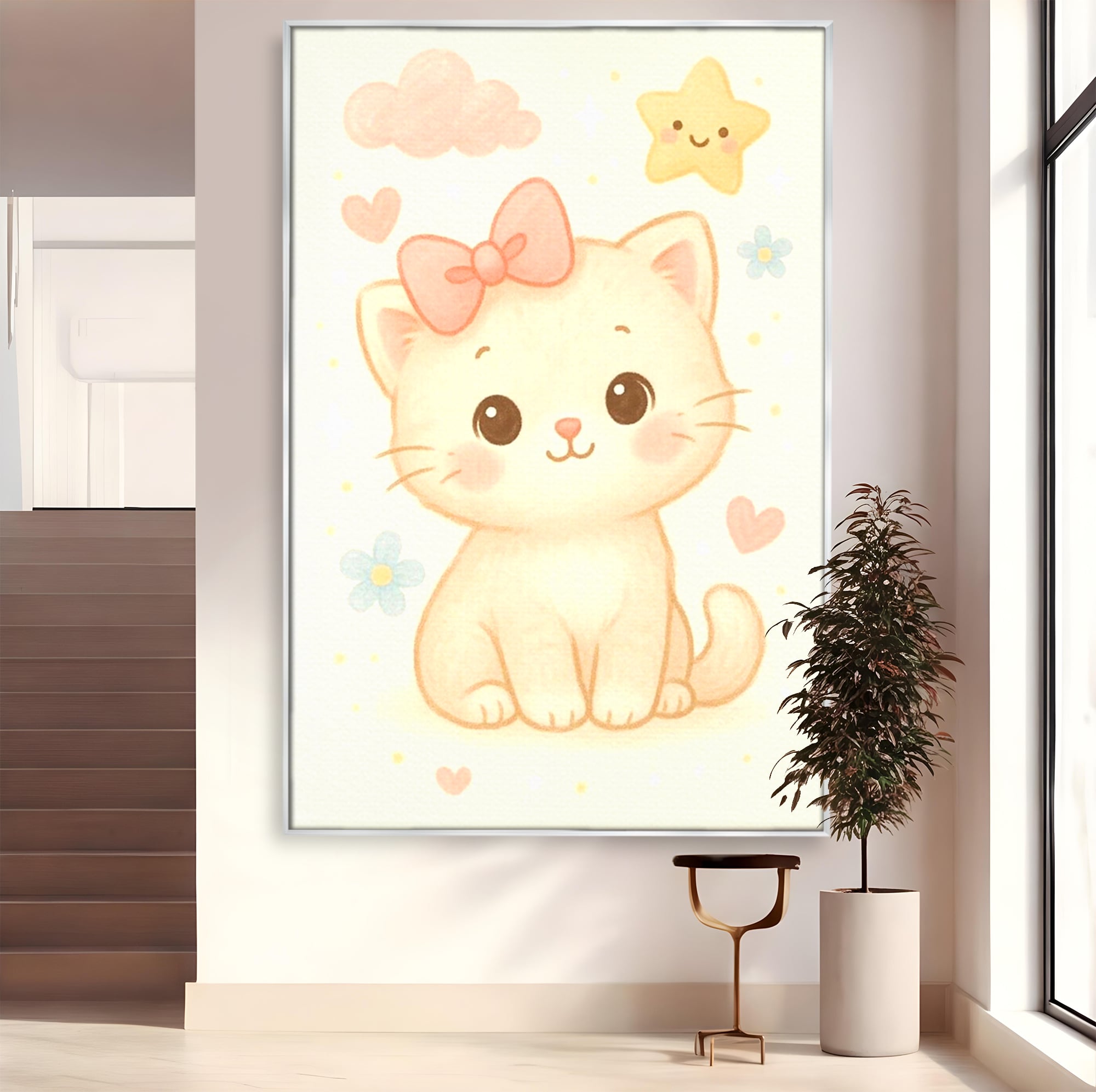 Leinwand Wandbilder Premium, LuxCanva® K1075, Ein bisschen Niedlichkeit, Kätzchen, Stern, Schleife, Schleife, Blumen, Baby, bezaubernd, Babyzimmer, Schlafzimmer
