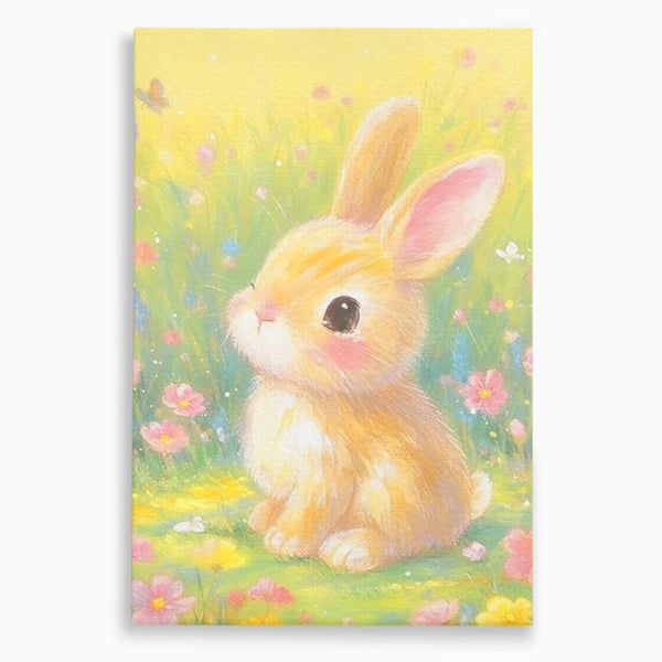 Leinwand Wandkunst Leinwand Wandkunst Premium, LuxCanva® K1076, Gemütlich unter Blumen, Hase, Frühling, Blütenblätter, Natur, Unschuld, Klein, Niedlich, Babyzimmer, Schlafzimmer