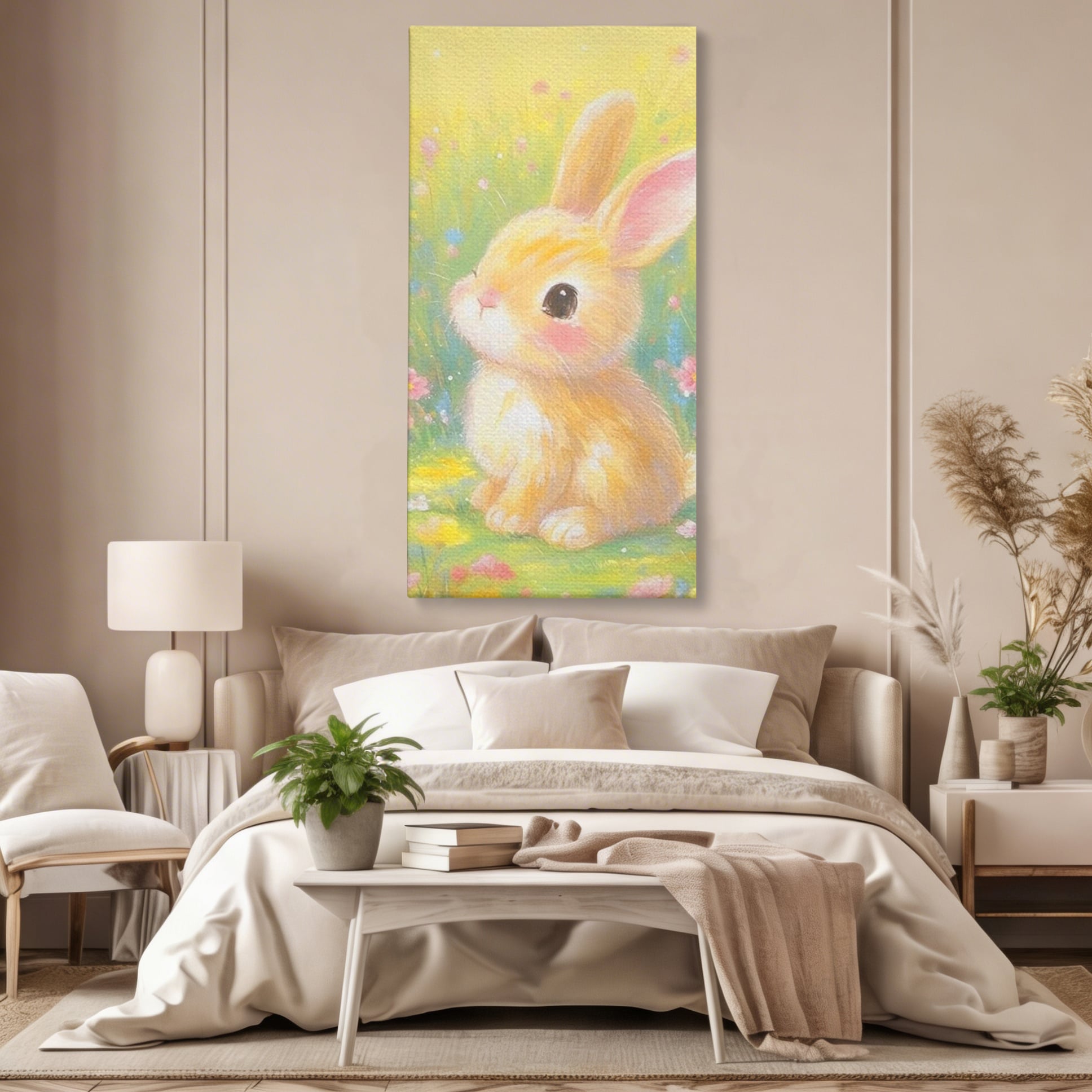 Leinwand Wandkunst Leinwand Wandkunst Premium, LuxCanva® K1076, Gemütlich unter Blumen, Hase, Frühling, Blütenblätter, Natur, Unschuld, Klein, Niedlich, Babyzimmer, Schlafzimmer