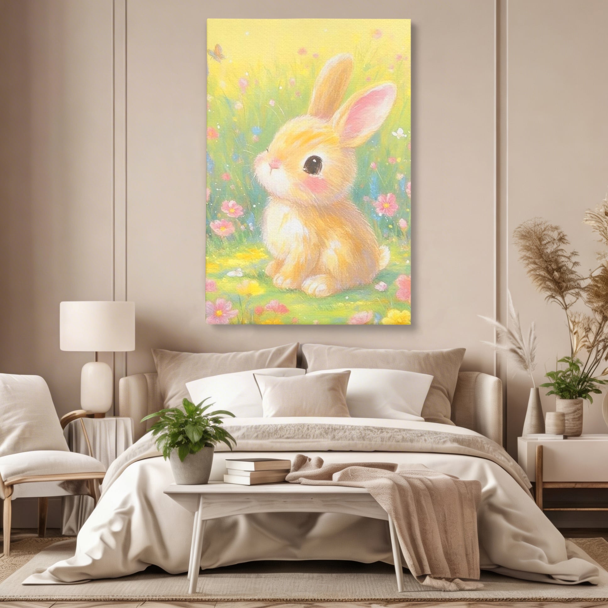 Leinwand Wandkunst Leinwand Wandkunst Premium, LuxCanva® K1076, Gemütlich unter Blumen, Hase, Frühling, Blütenblätter, Natur, Unschuld, Klein, Niedlich, Babyzimmer, Schlafzimmer