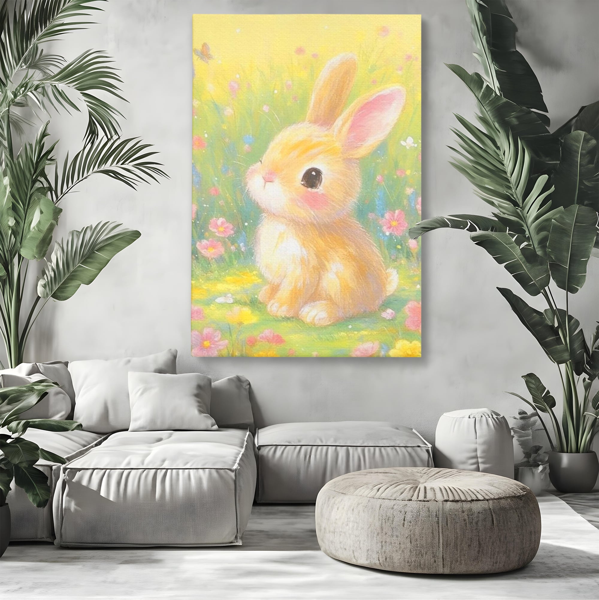Leinwand Wandkunst Leinwand Wandkunst Premium, LuxCanva® K1076, Gemütlich unter Blumen, Hase, Frühling, Blütenblätter, Natur, Unschuld, Klein, Niedlich, Babyzimmer, Schlafzimmer